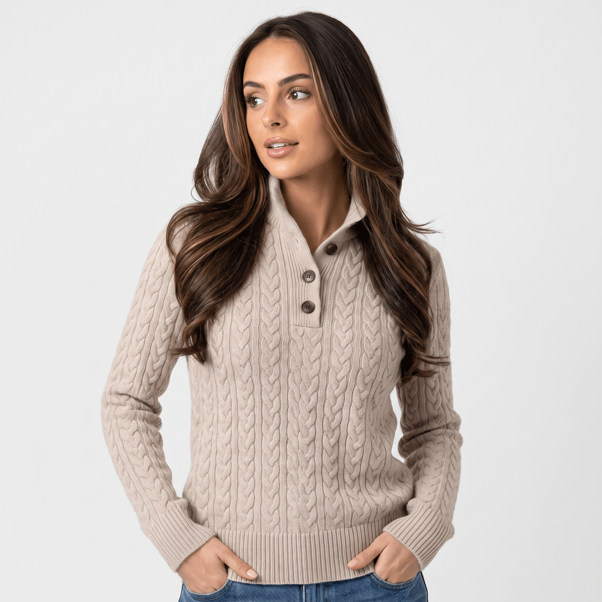 Valeria Wool Blend Henley Sweater – Mock Neck Soft Relaxed Everyday Knitwear
