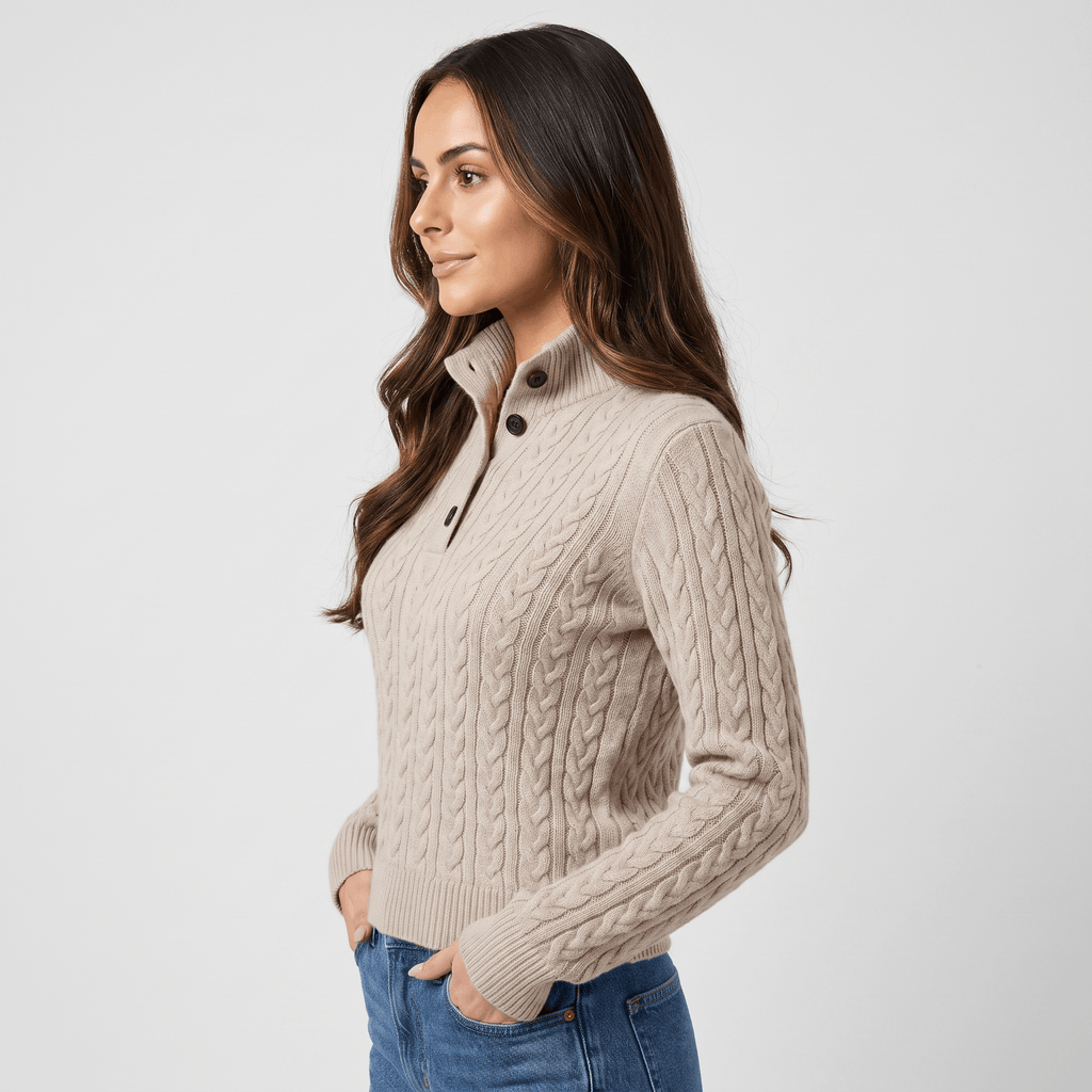 Valeria Wool Blend Henley Sweater – Mock Neck Soft Relaxed Everyday Knitwear