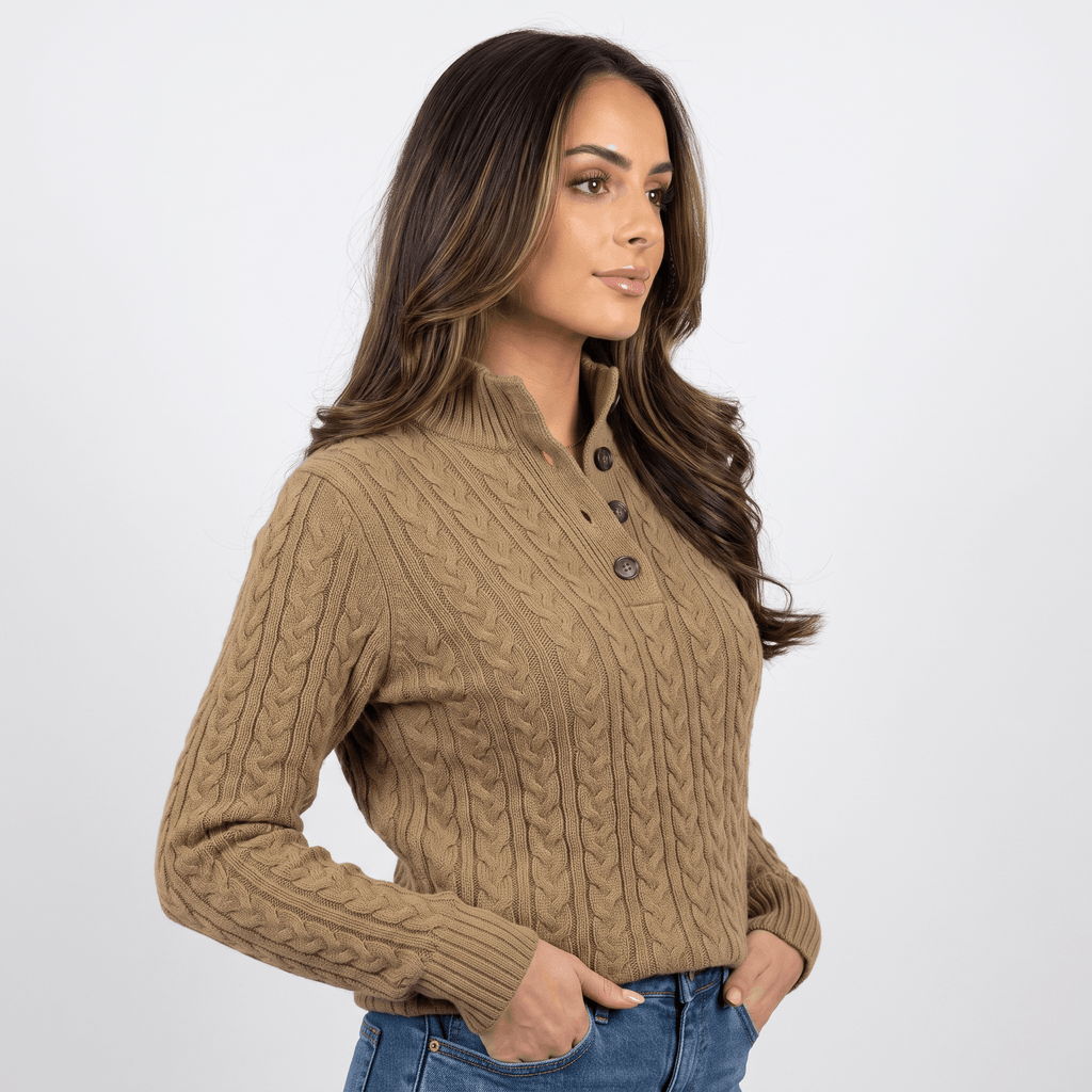 Valeria Wool Blend Henley Sweater – Mock Neck Soft Relaxed Everyday Knitwear