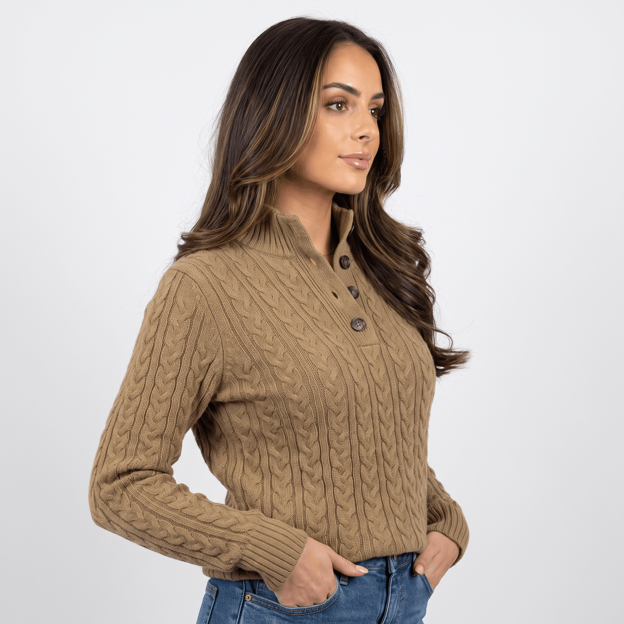 Valeria Wool Blend Henley Sweater – Mock Neck Soft Relaxed Everyday Knitwear