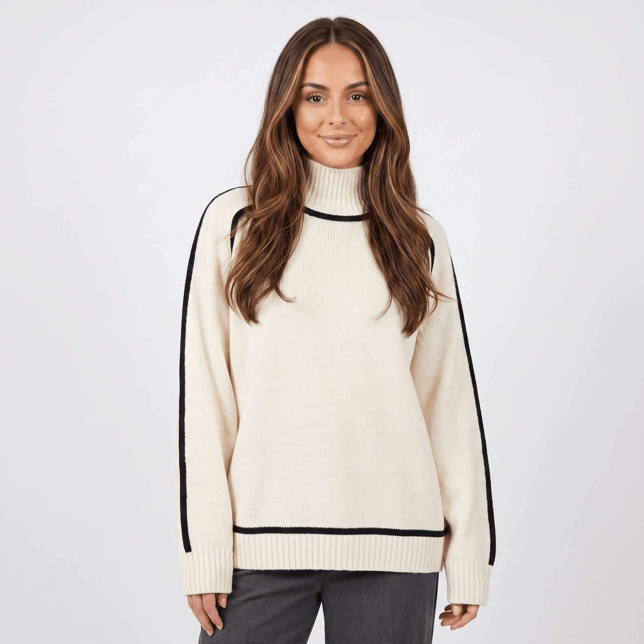 Joana Colorblock Knit Turtleneck Sweater – Oversized Relaxed Cozy Knitwear