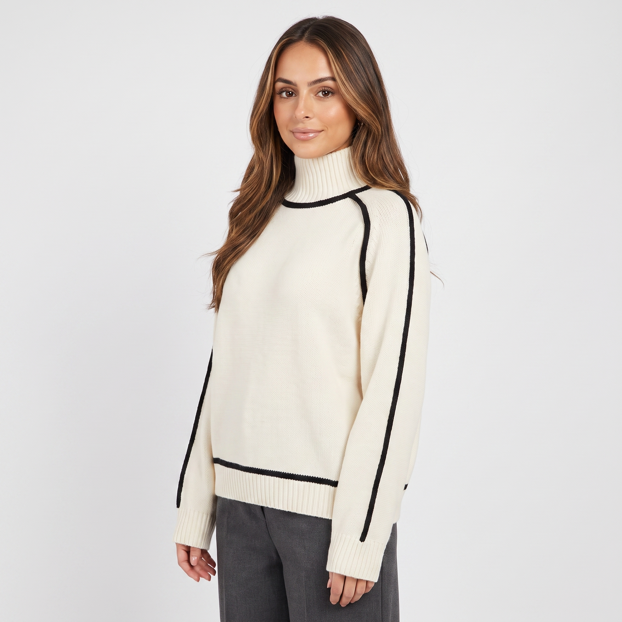 Joana Colorblock Knit Turtleneck Sweater – Oversized Relaxed Cozy Knitwear