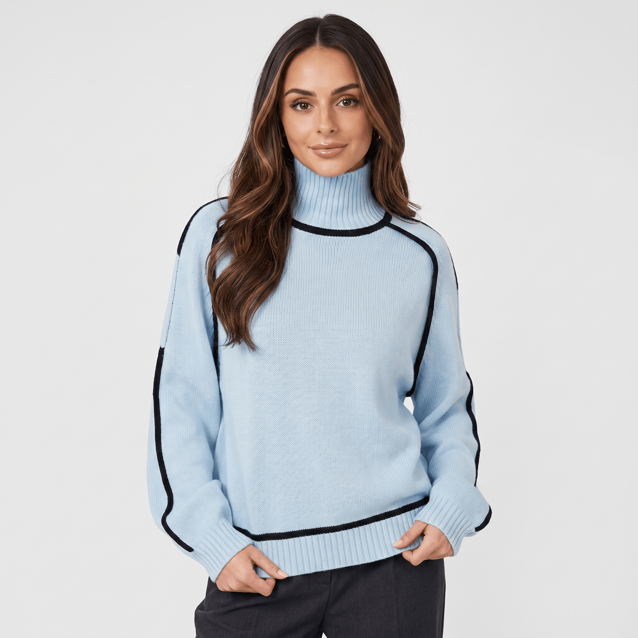 Joana Colorblock Knit Turtleneck Sweater – Oversized Relaxed Cozy Knitwear