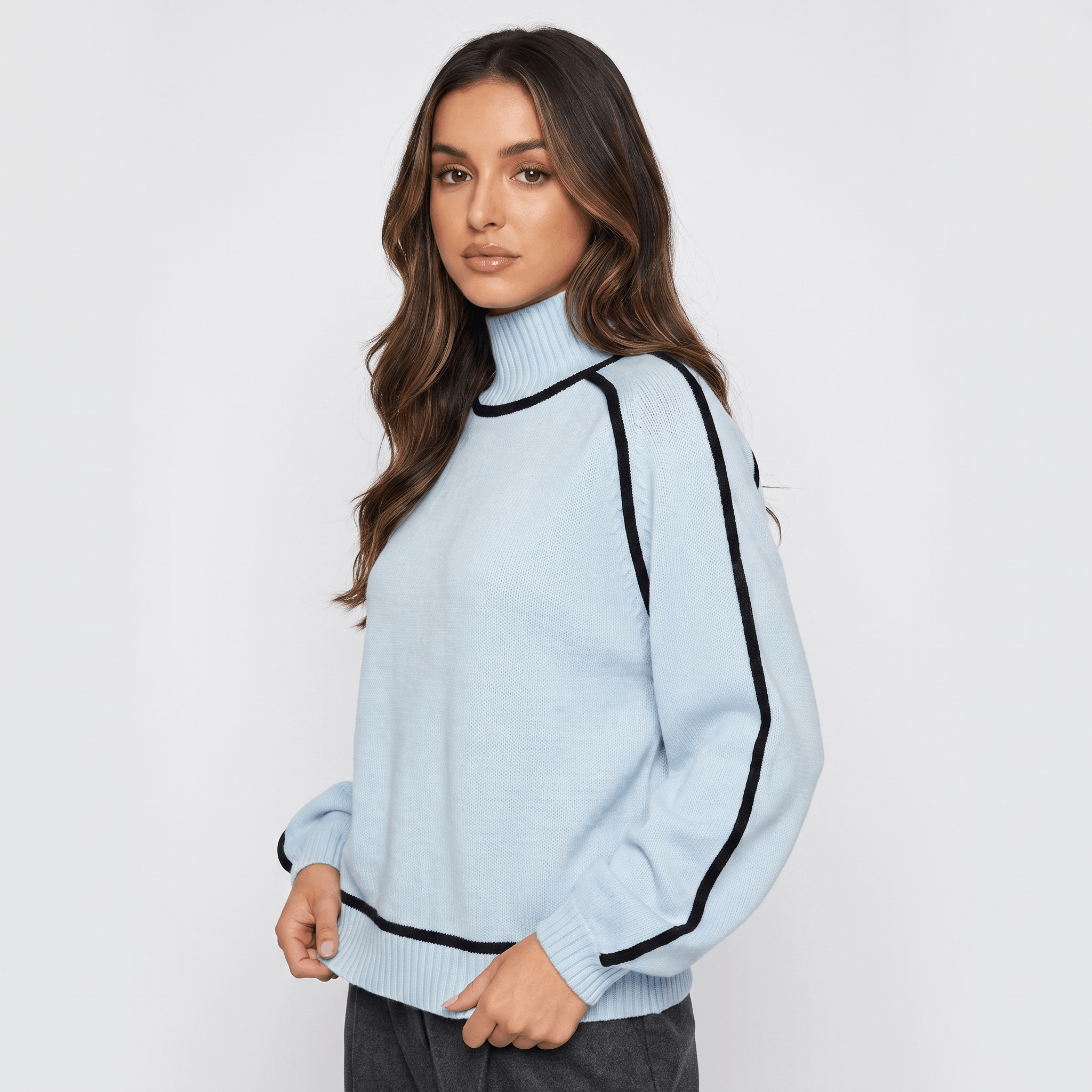 Joana Colorblock Knit Turtleneck Sweater – Oversized Relaxed Cozy Knitwear