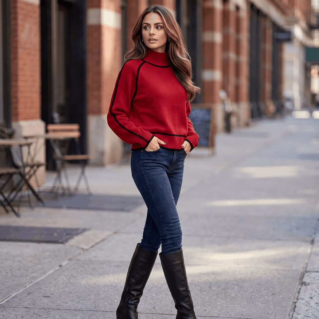 Joana Colorblock Knit Turtleneck Sweater – Oversized Relaxed Cozy Knitwear