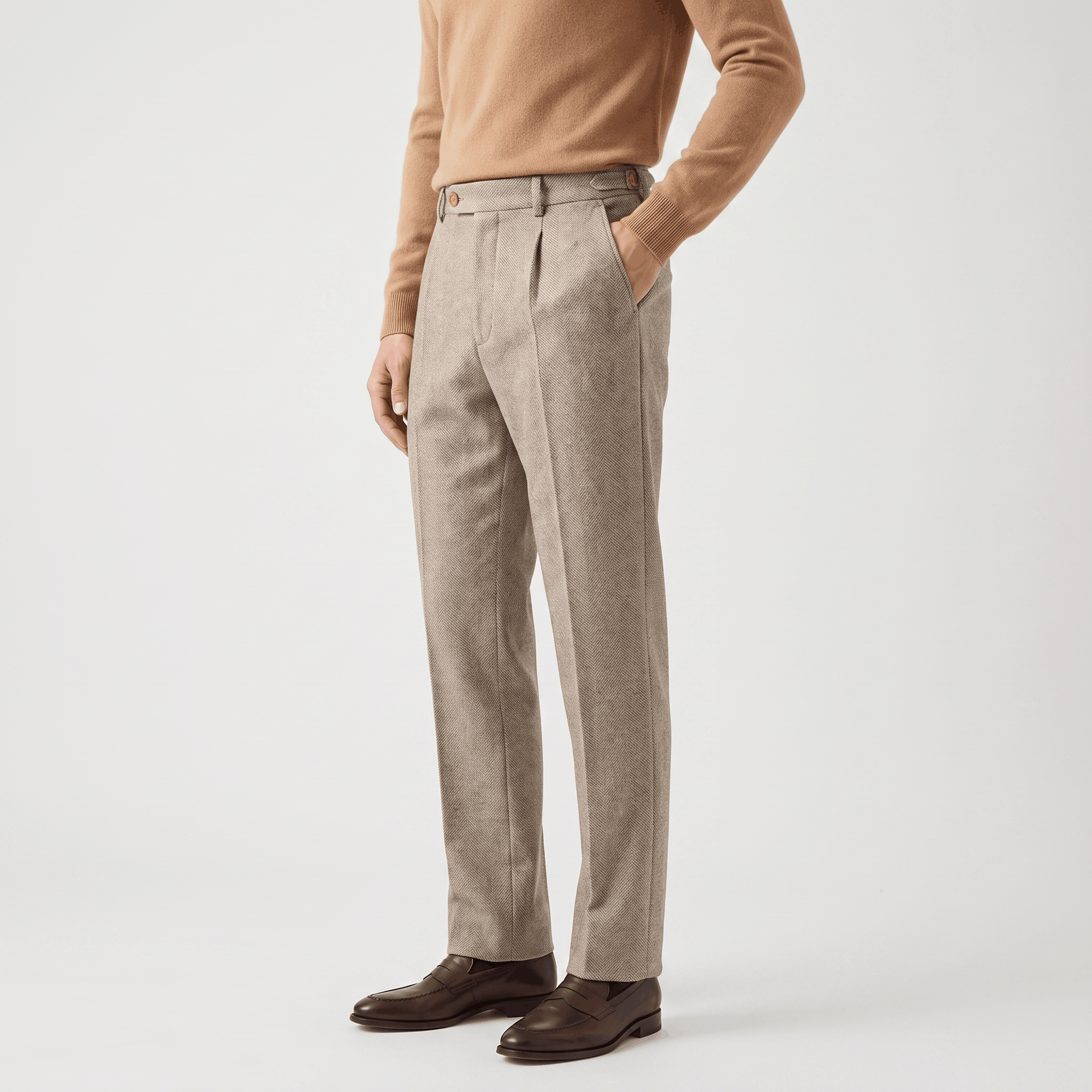 Moreno Herringbone Wool Trousers – Sharp Tailored Cold-Weather Pants