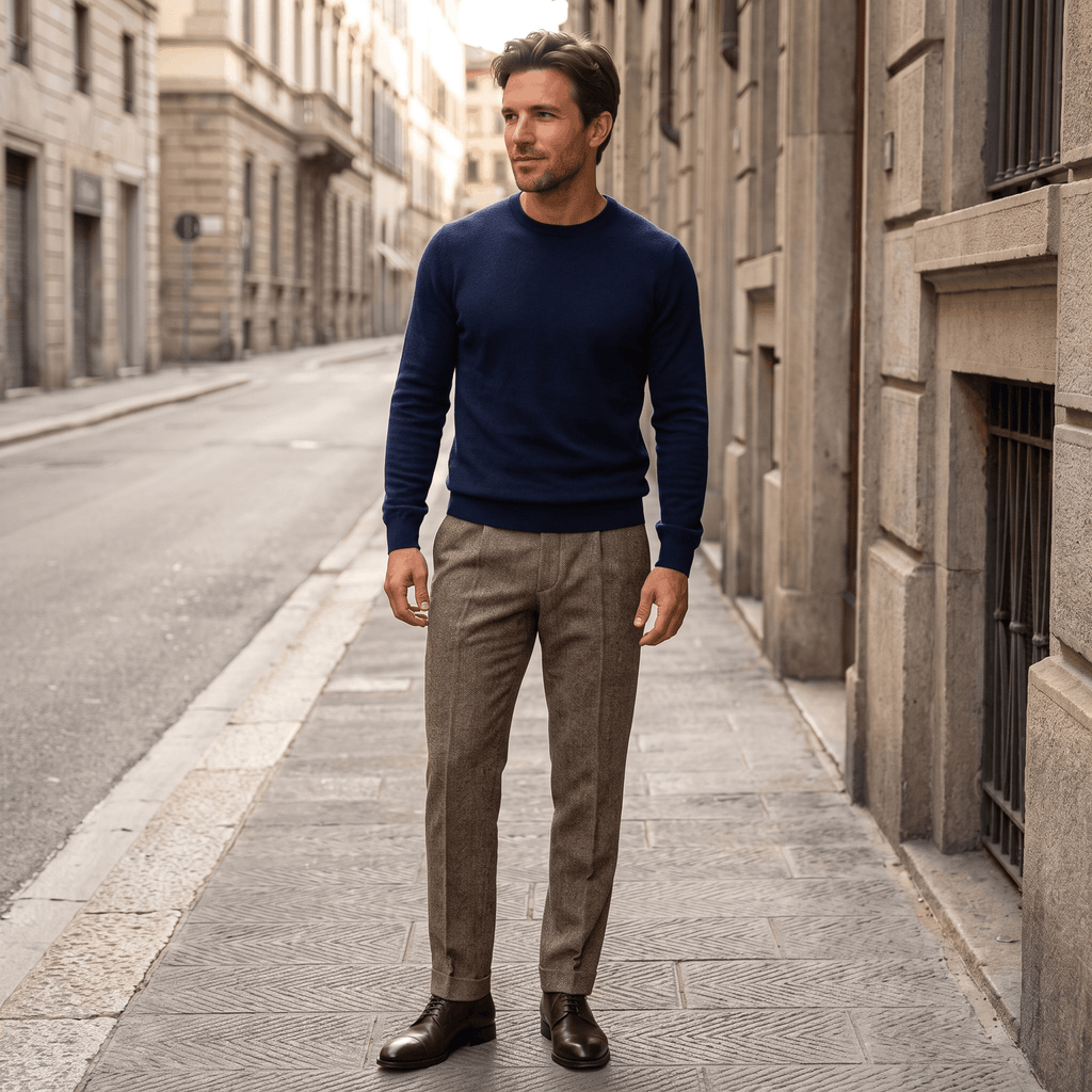 Moreno Herringbone Wool Trousers – Sharp Tailored Cold-Weather Pants