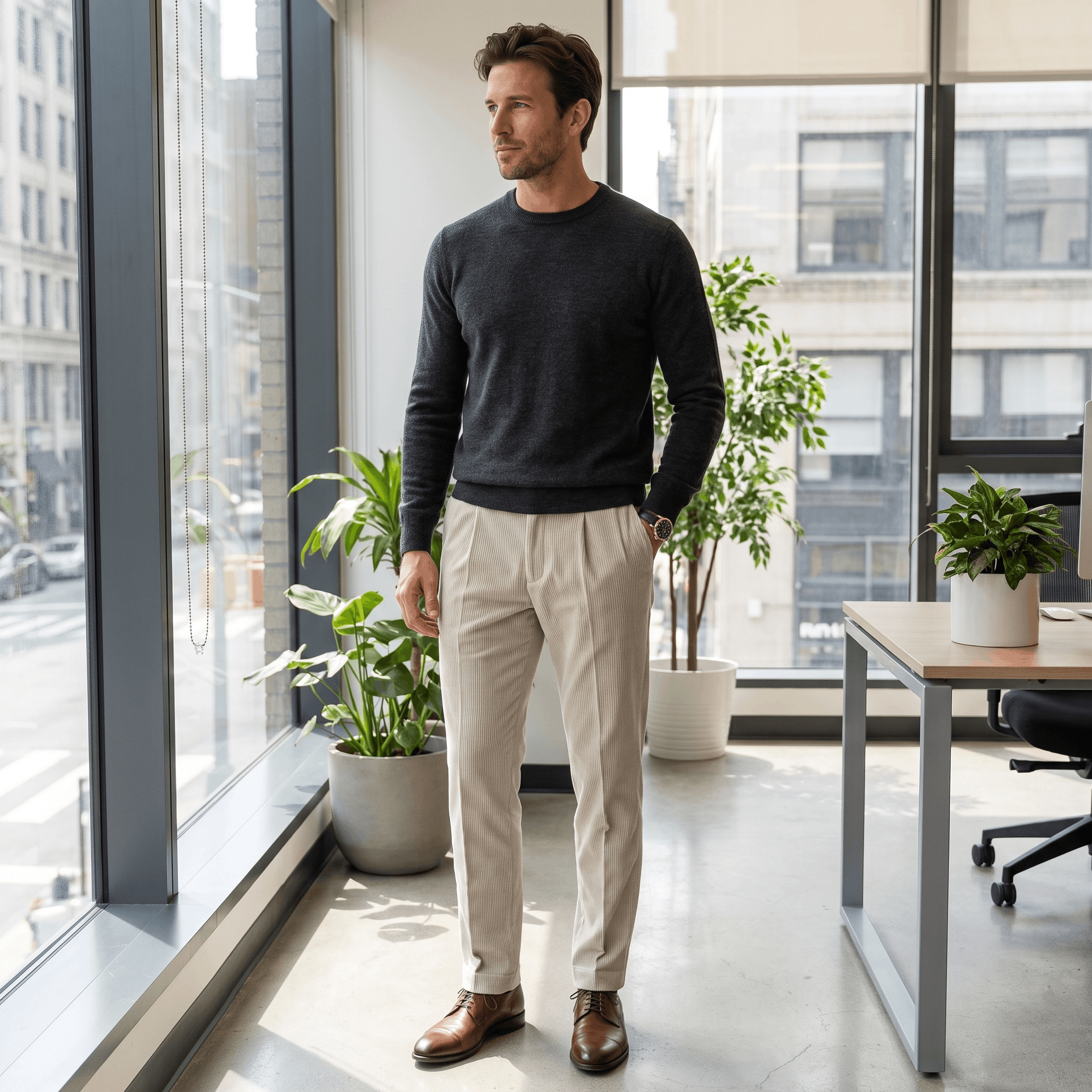 George Corduroy Tailored Trousers – Ribbed Slim-Fit Office Pants