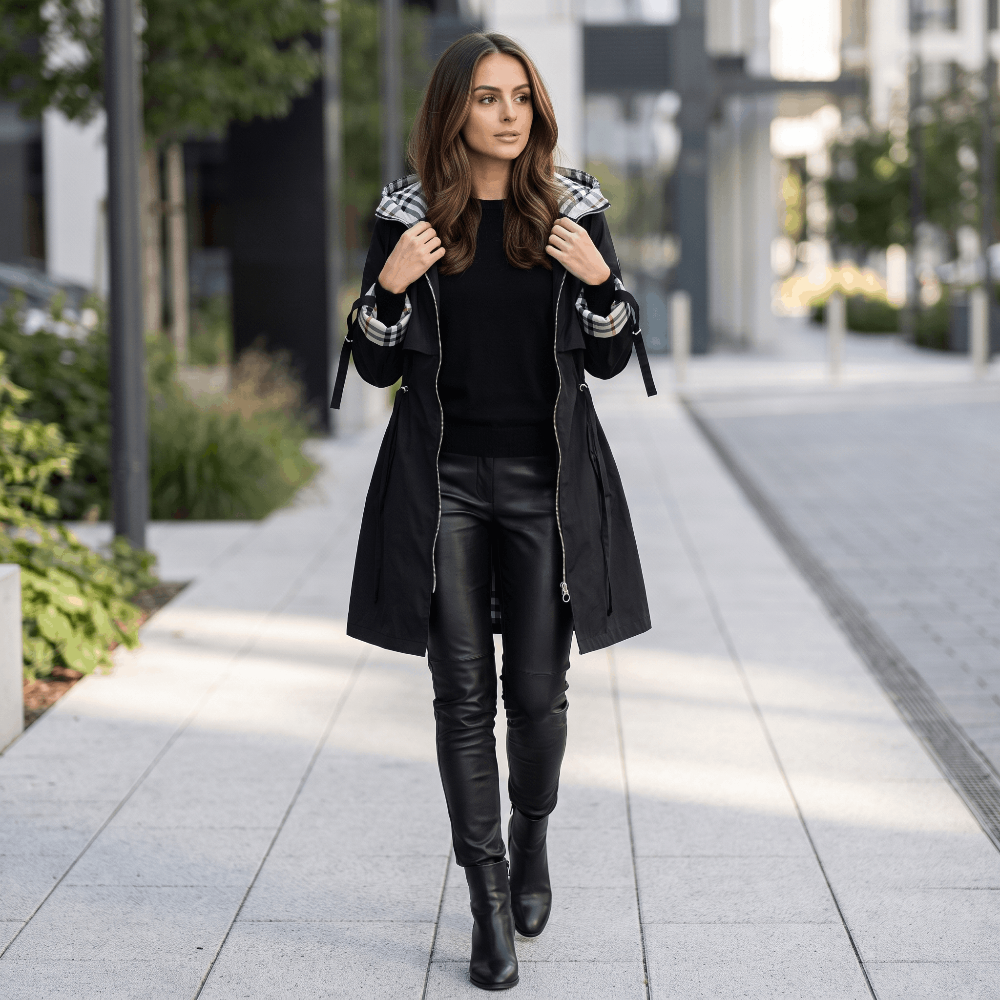 Katrina Hooded Longline Coat – Zip-Up Tie-Waist Water-Resistant Outerwear