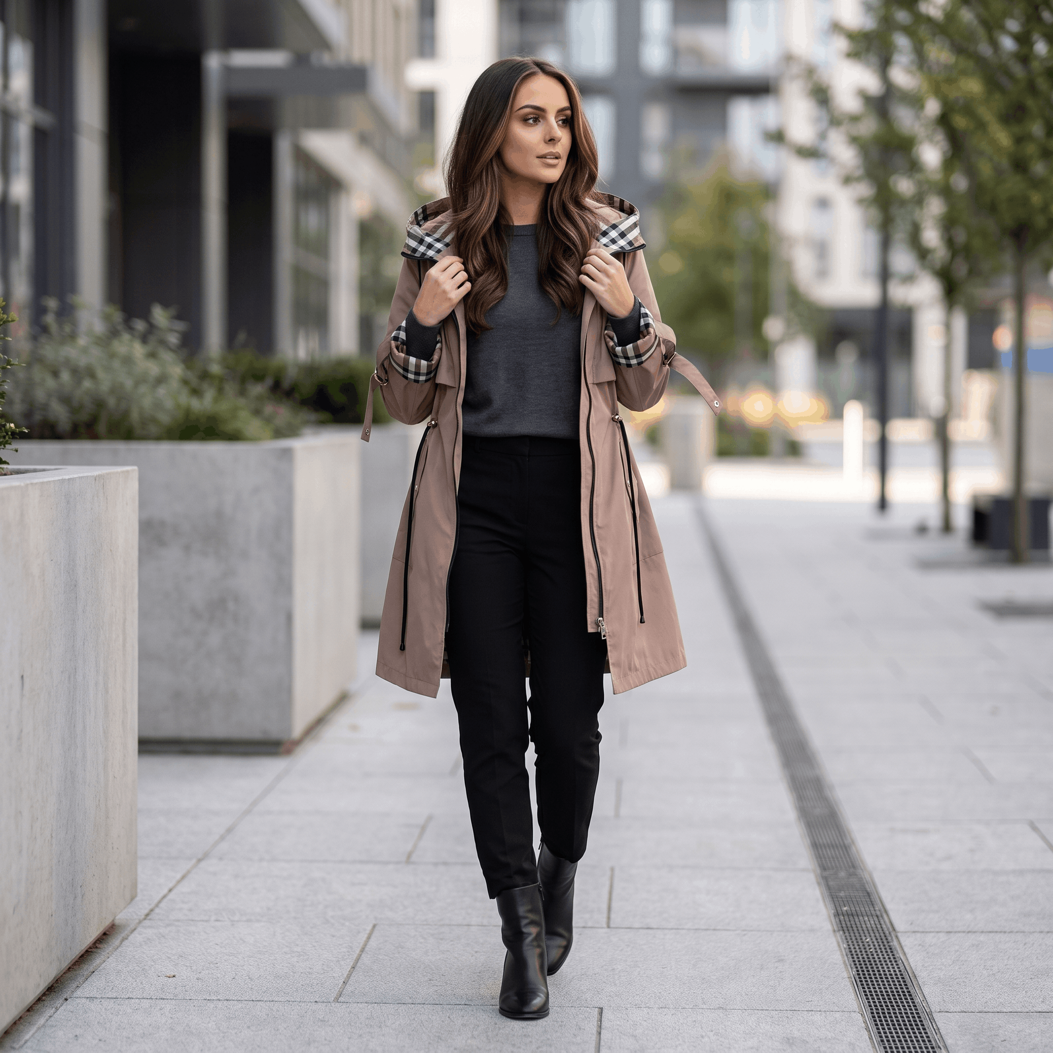 Katrina Hooded Longline Coat – Zip-Up Tie-Waist Water-Resistant Outerwear