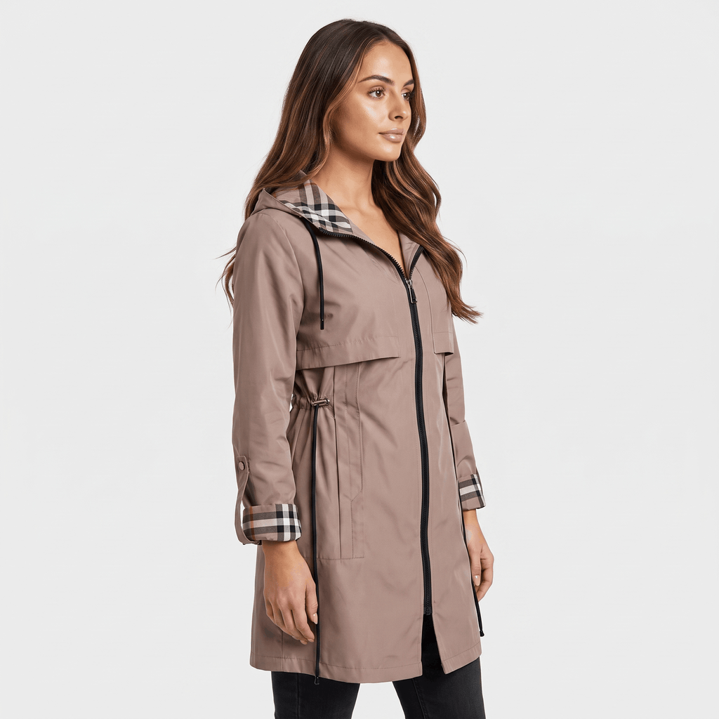 Katrina Hooded Longline Coat – Zip-Up Tie-Waist Water-Resistant Outerwear