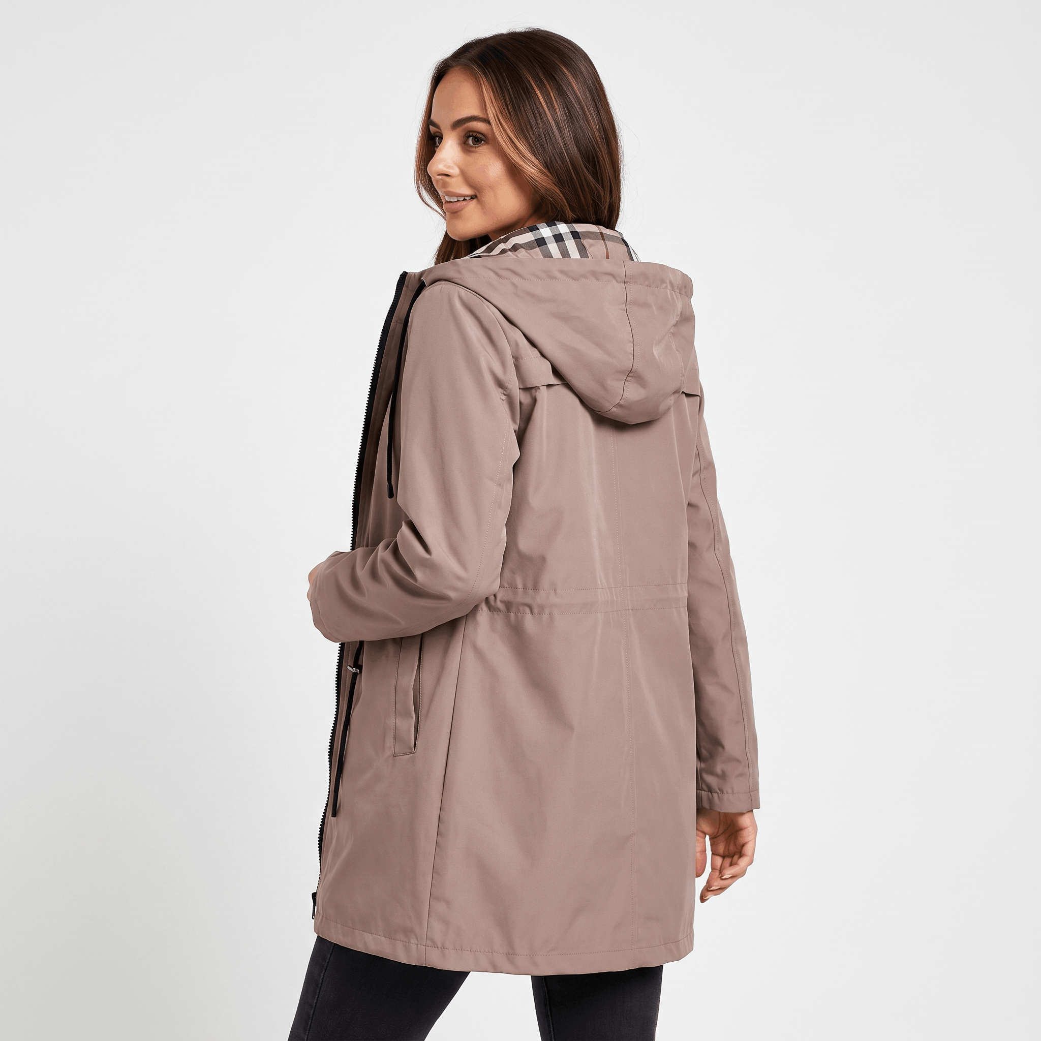 Katrina Hooded Longline Coat – Zip-Up Tie-Waist Water-Resistant Outerwear