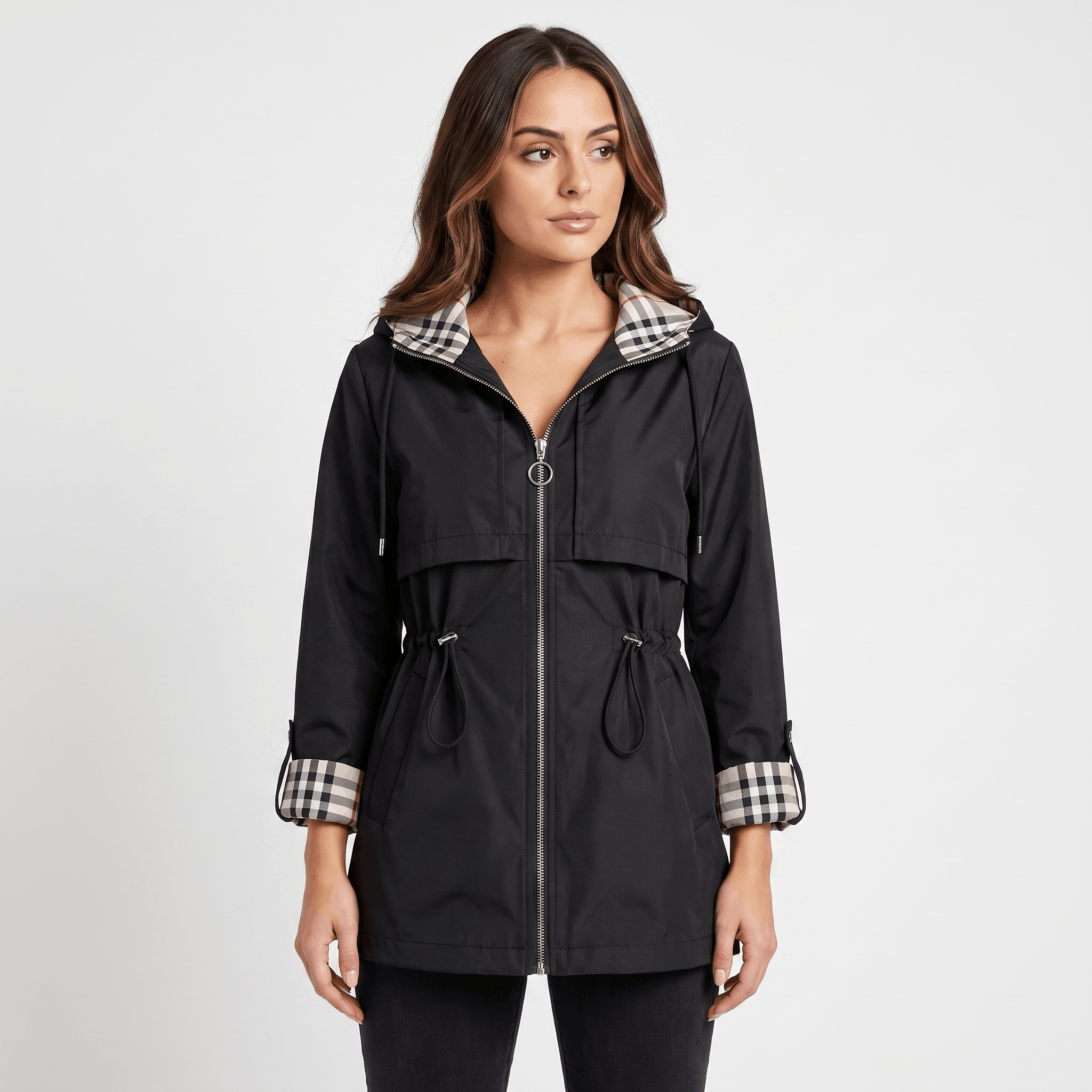 Katrina Hooded Longline Coat – Zip-Up Tie-Waist Water-Resistant Outerwear