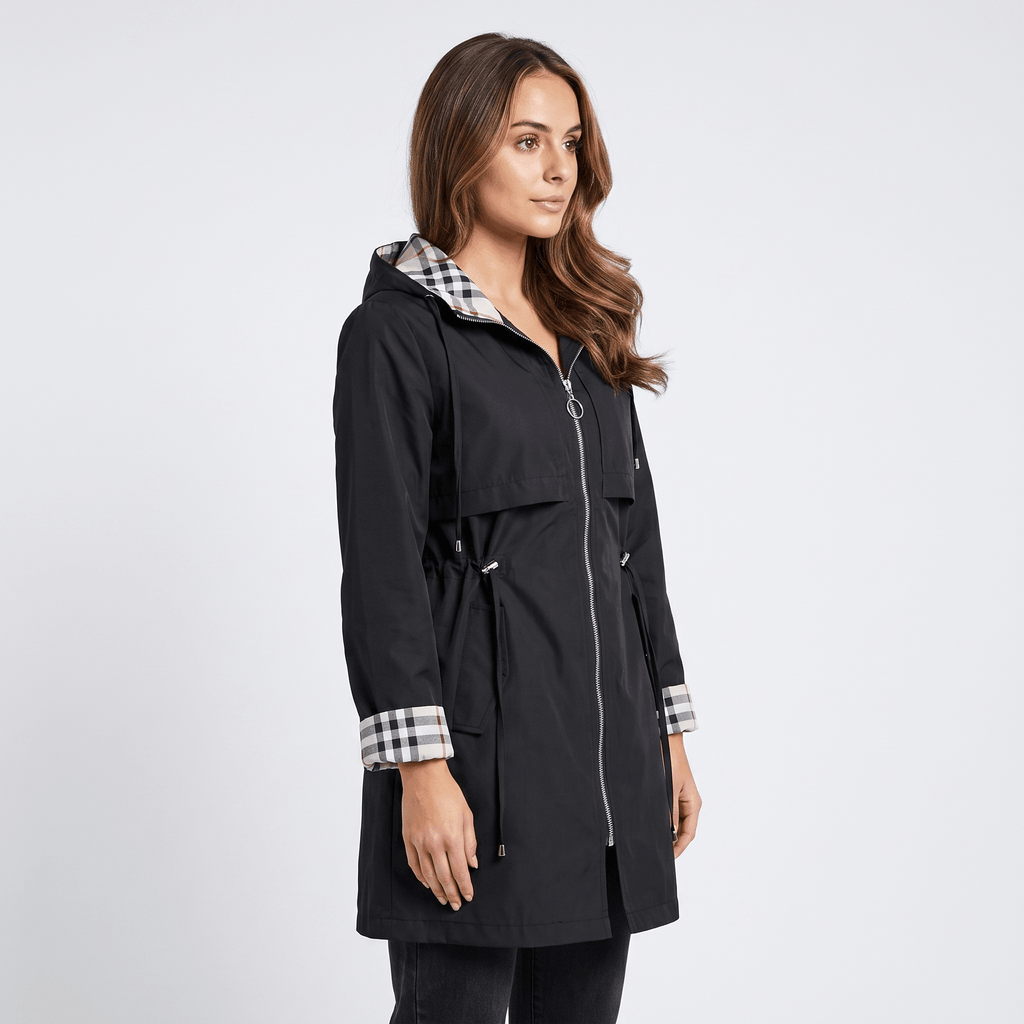 Katrina Hooded Longline Coat – Zip-Up Tie-Waist Water-Resistant Outerwear