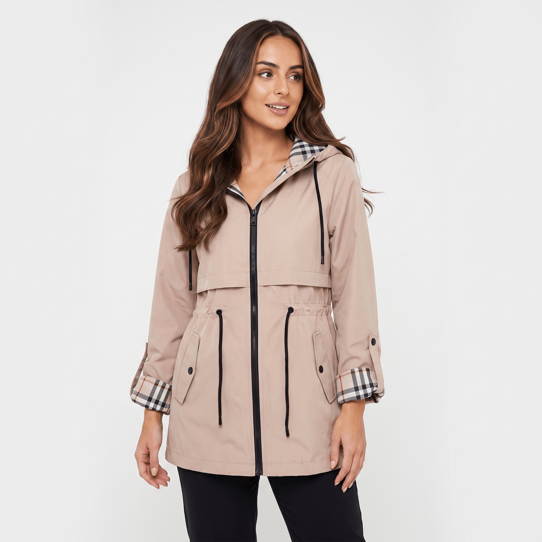 Katrina Hooded Longline Coat – Zip-Up Tie-Waist Water-Resistant Outerwear