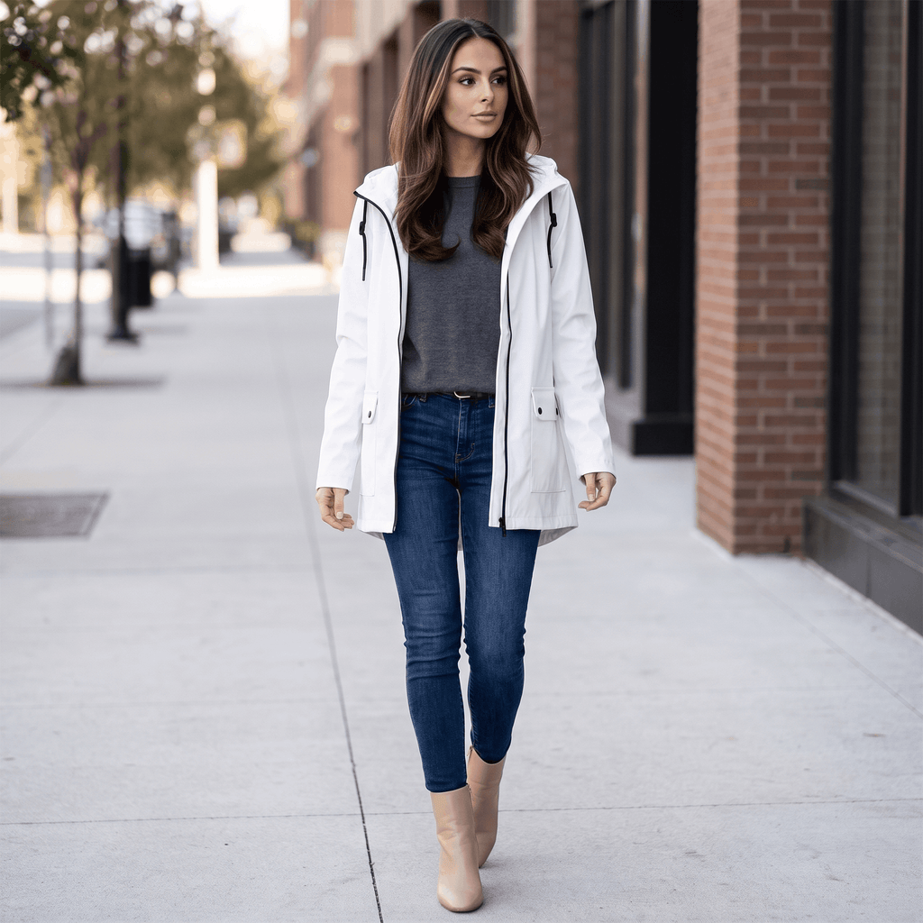Rowanda Hooded Rain Jacket – Drawcord Zip-Front Everyday Outerwear