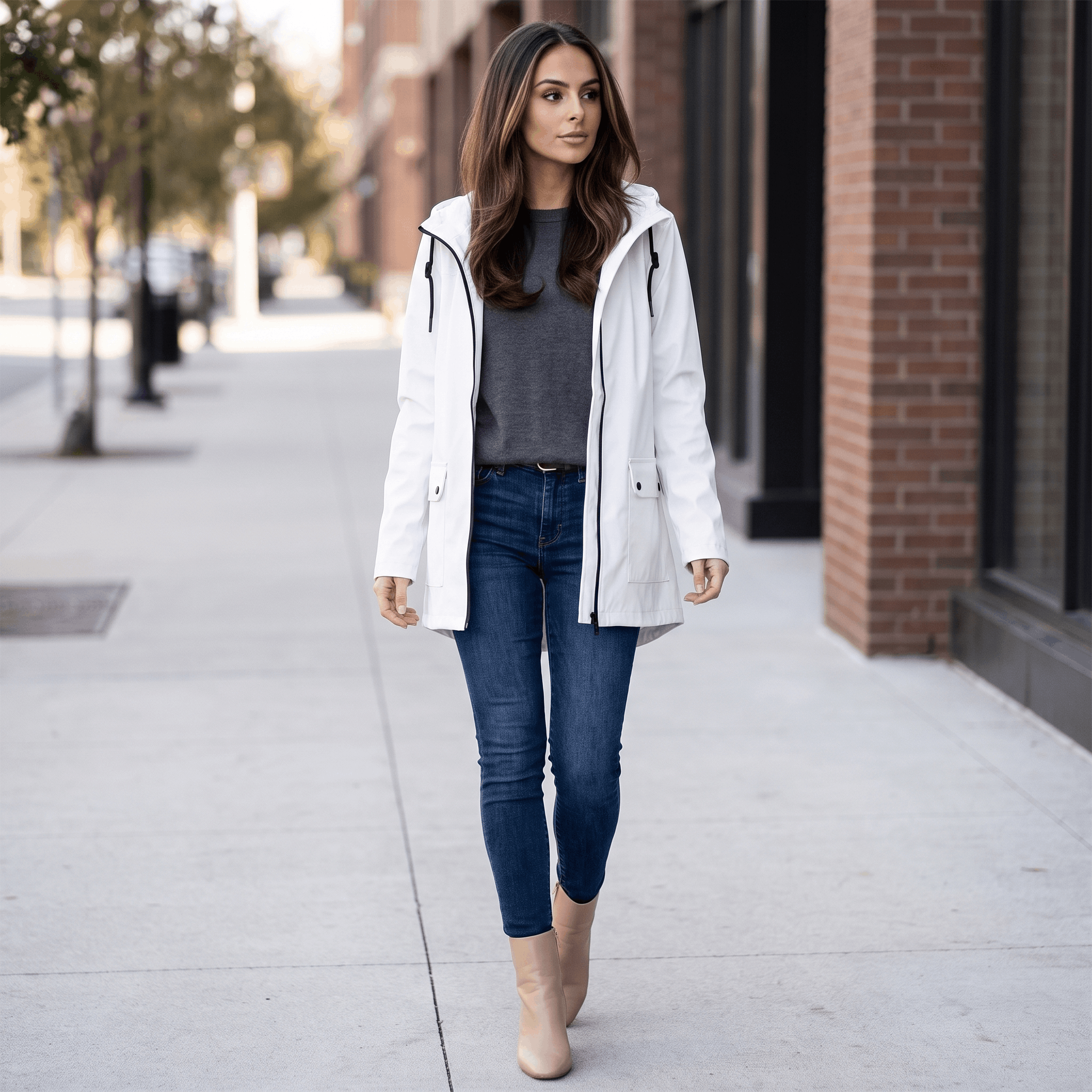 Rowanda Hooded Rain Jacket – Drawcord Zip-Front Everyday Outerwear