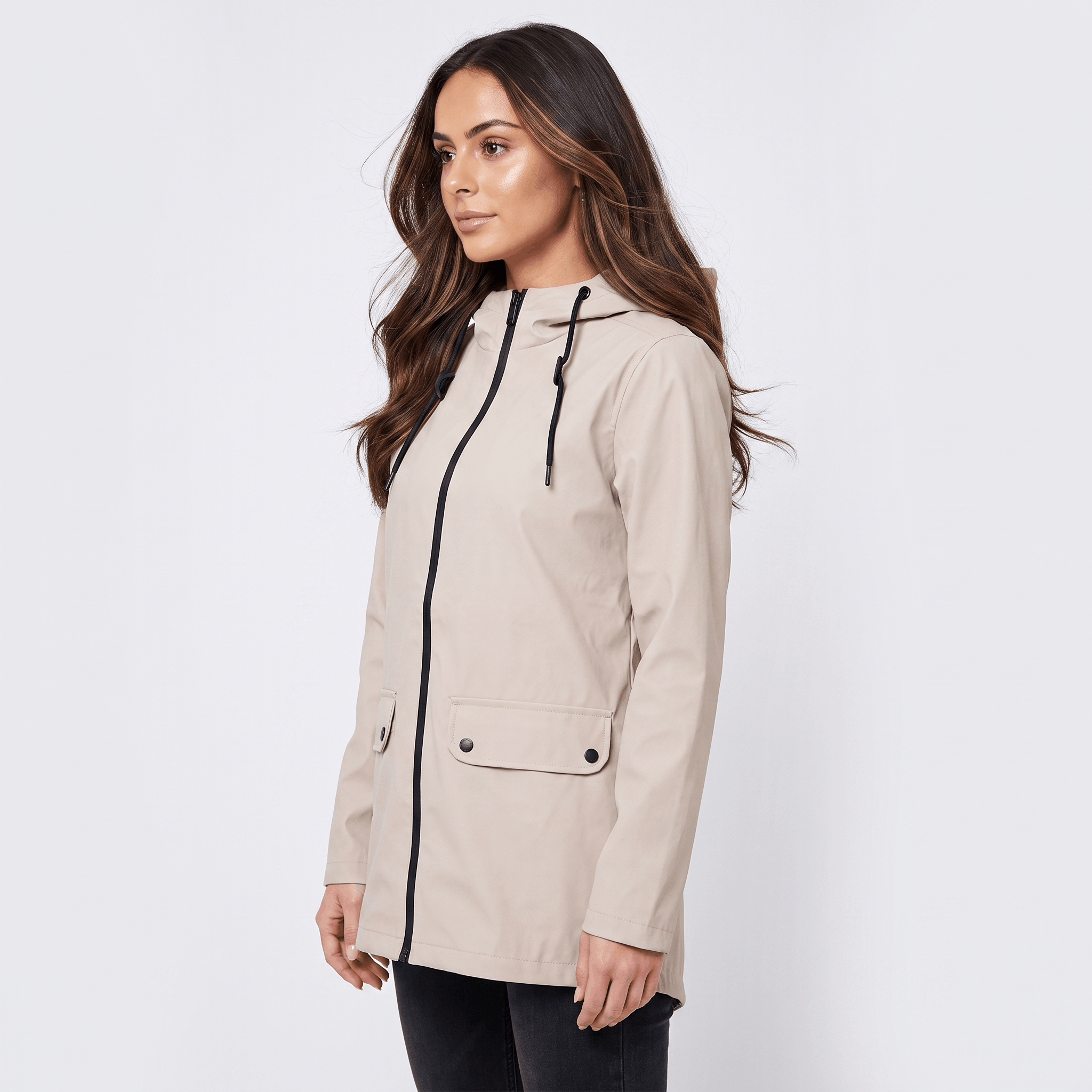 Rowanda Hooded Rain Jacket – Drawcord Zip-Front Everyday Outerwear