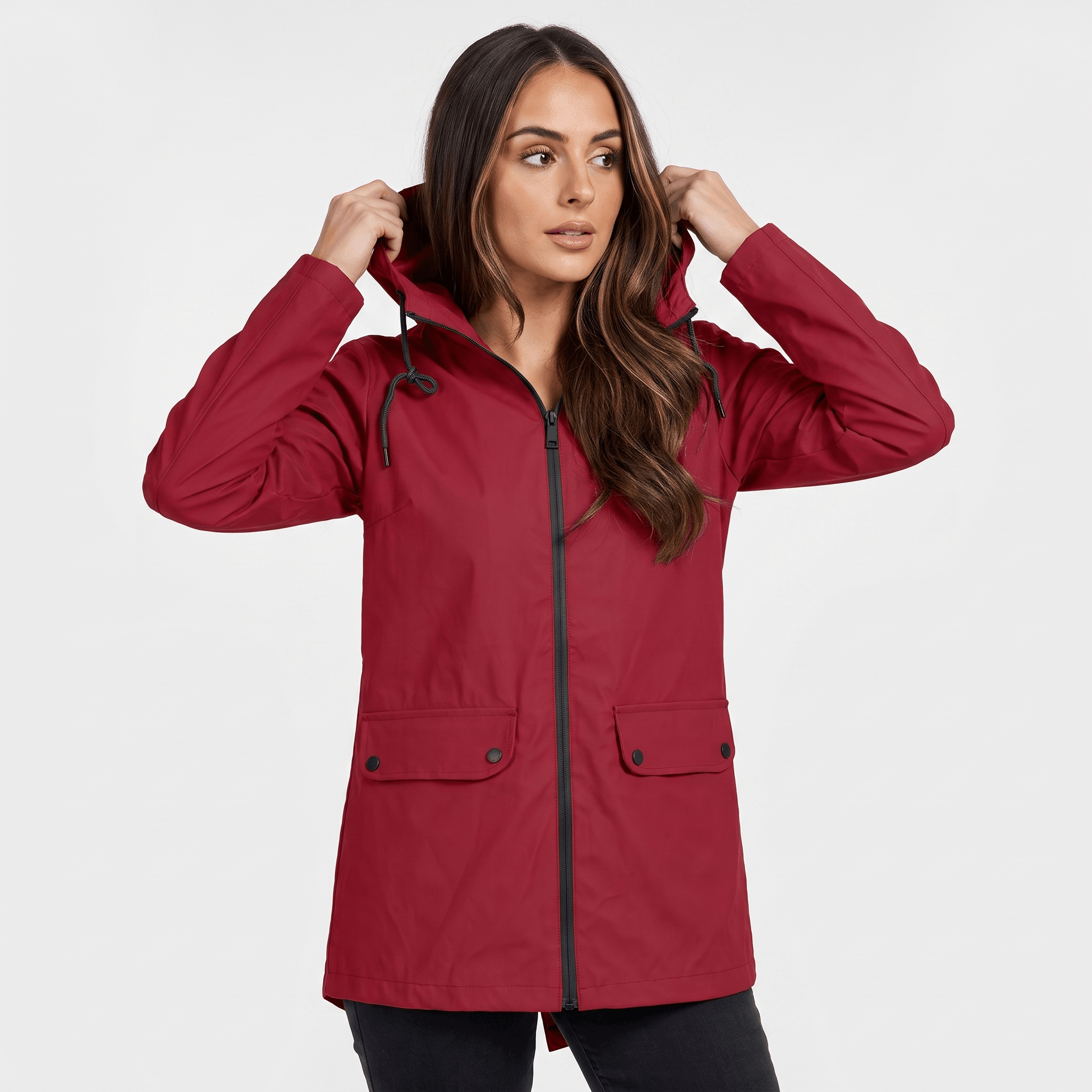 Rowanda Hooded Rain Jacket – Drawcord Zip-Front Everyday Outerwear