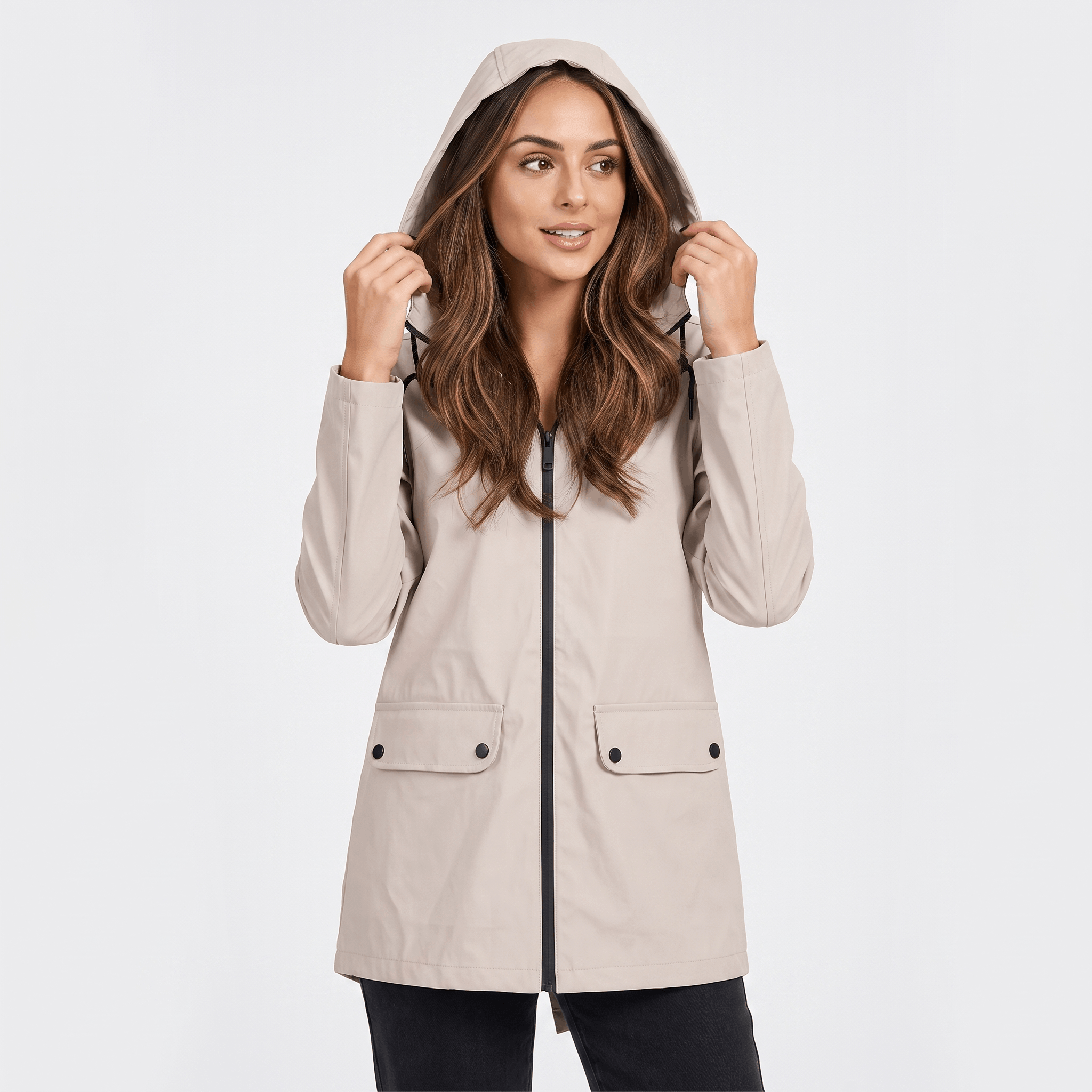 Rowanda Hooded Rain Jacket – Drawcord Zip-Front Everyday Outerwear