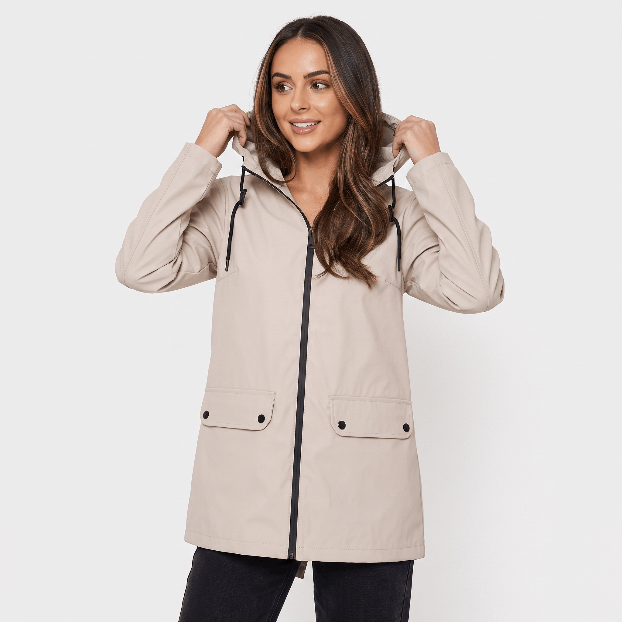 Rowanda Hooded Rain Jacket – Drawcord Zip-Front Everyday Outerwear