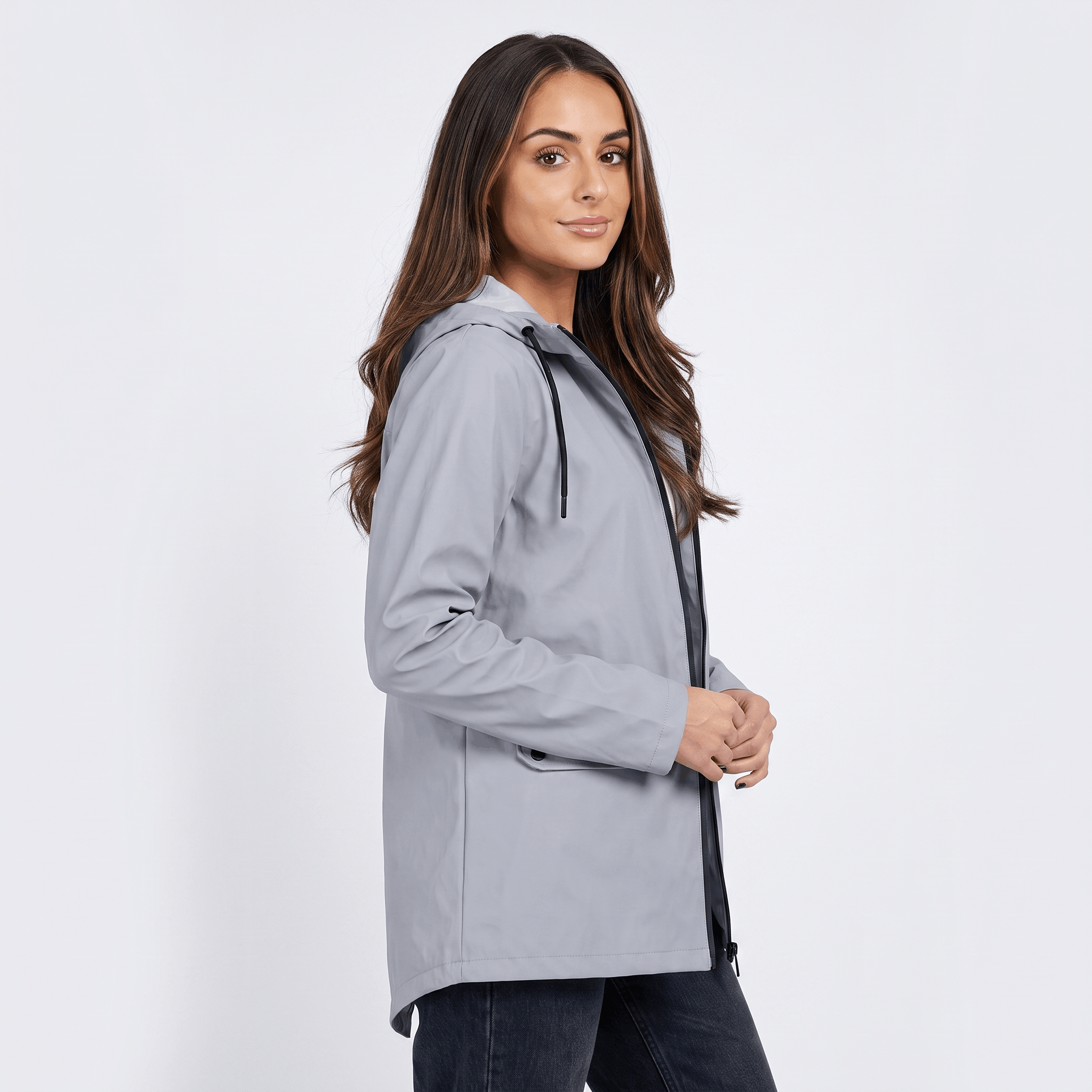 Rowanda Hooded Rain Jacket – Drawcord Zip-Front Everyday Outerwear