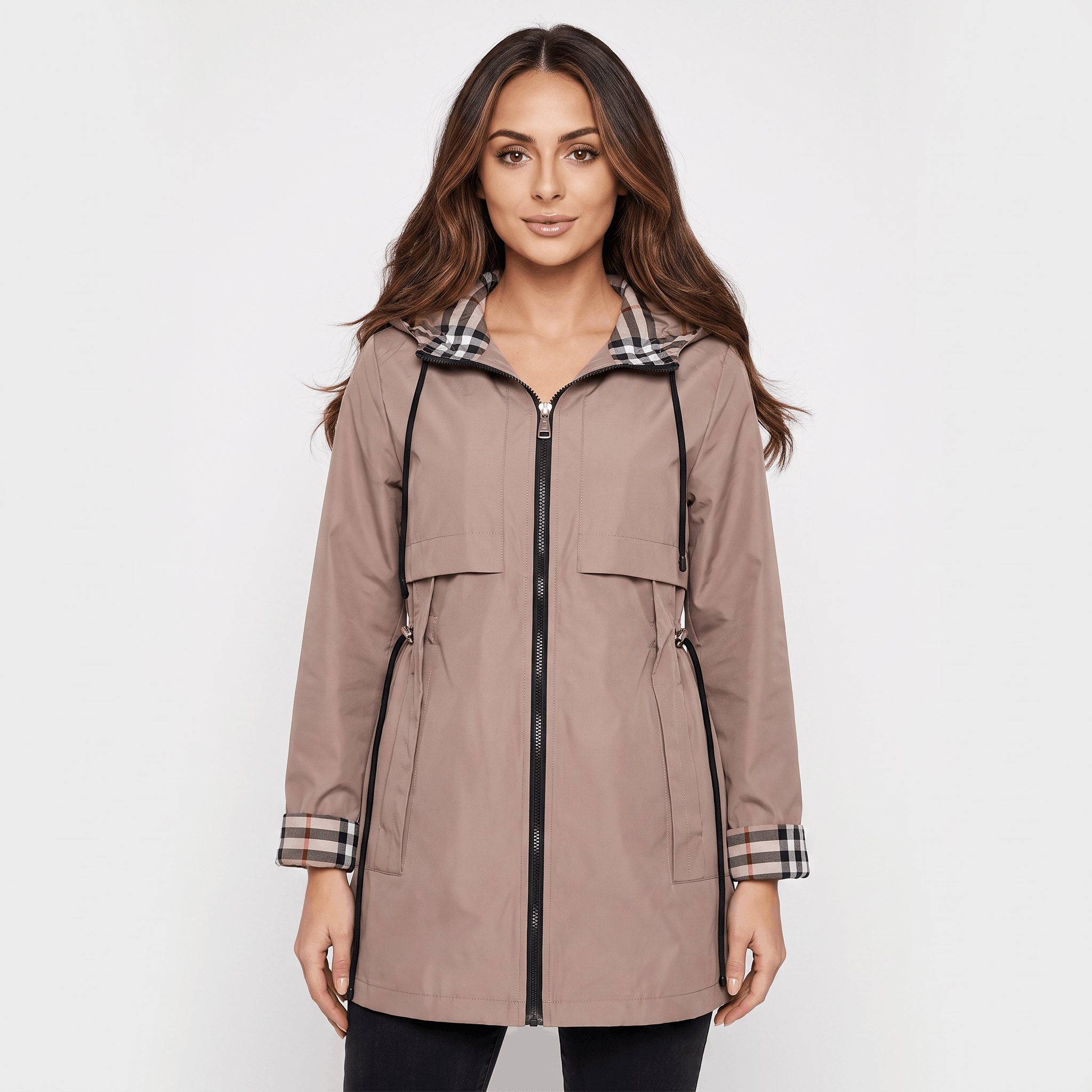 Katrina Hooded Longline Coat – Zip-Up Tie-Waist Water-Resistant Outerwear