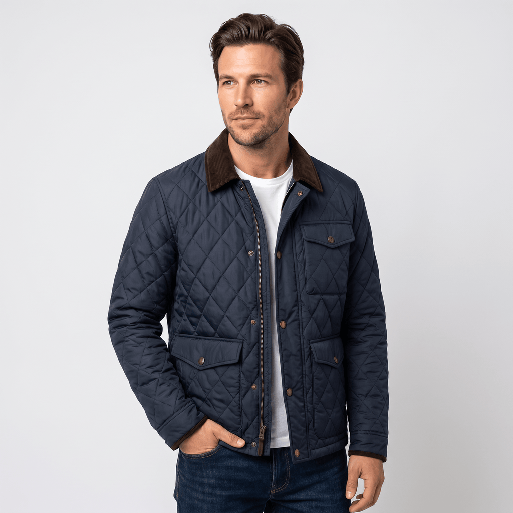 Victor Diamond-Quilted Jacket – Corduroy-Collar Zip-Up Insulated Outerwear