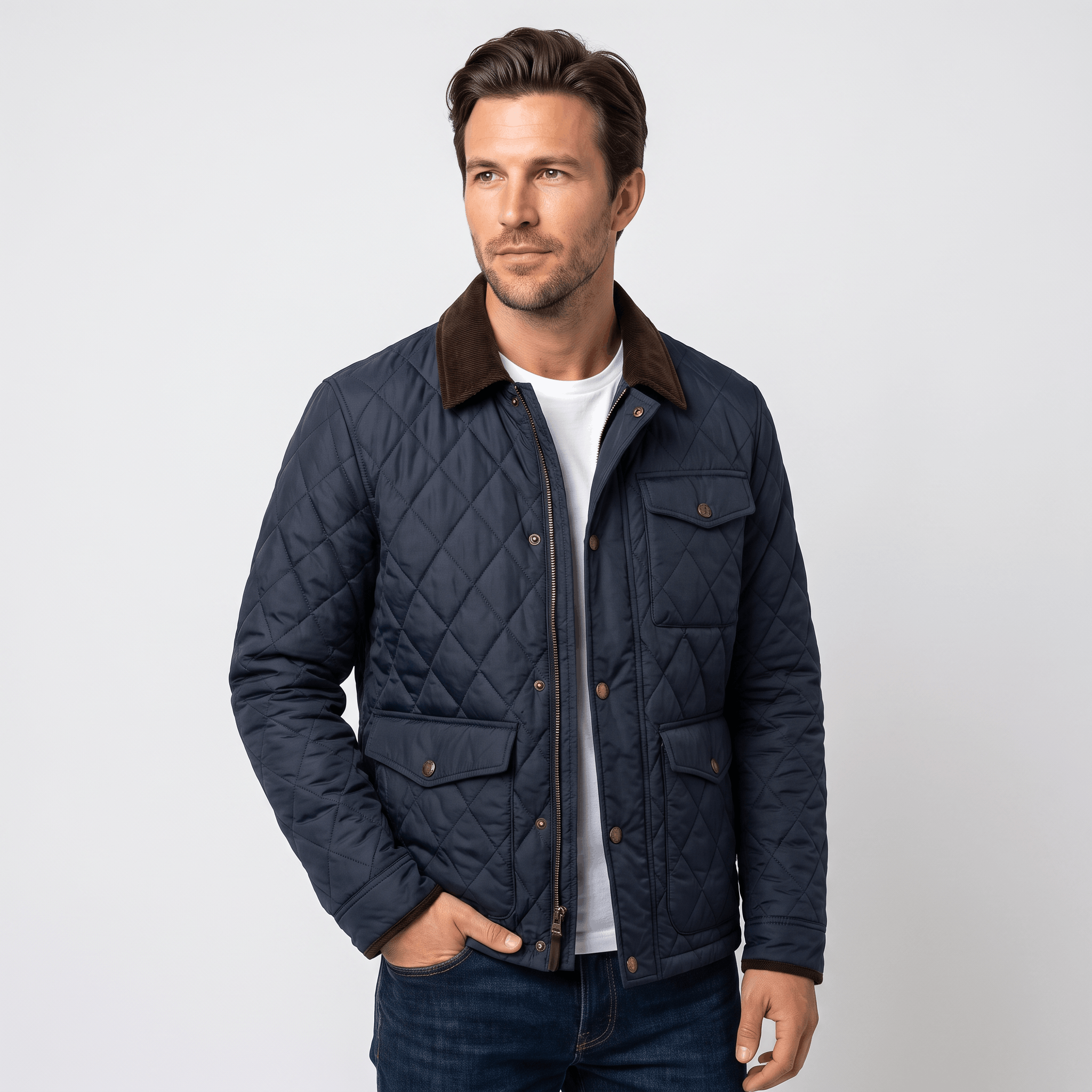 Victor Diamond-Quilted Jacket – Corduroy-Collar Zip-Up Insulated Outerwear