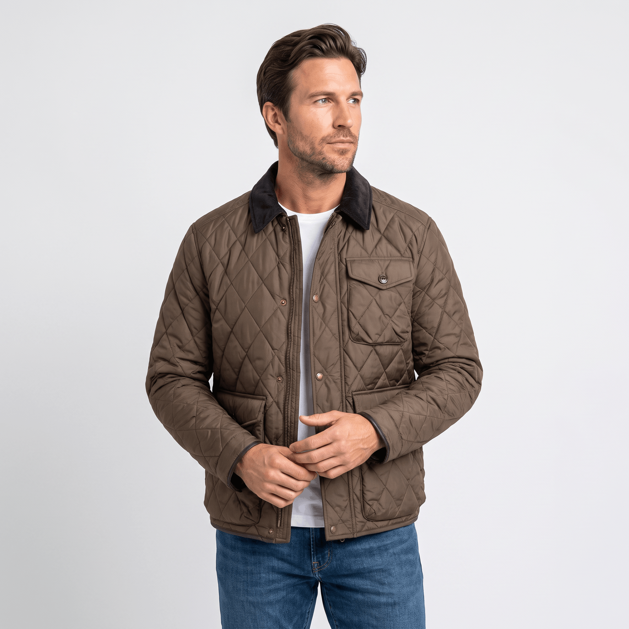 Victor Diamond-Quilted Jacket – Corduroy-Collar Zip-Up Insulated Outerwear