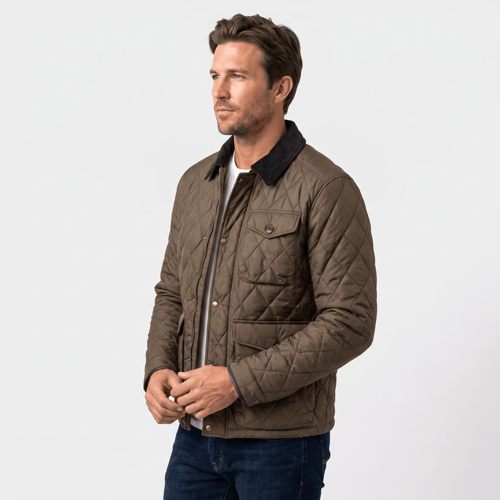Victor Diamond-Quilted Jacket – Corduroy-Collar Zip-Up Insulated Outerwear