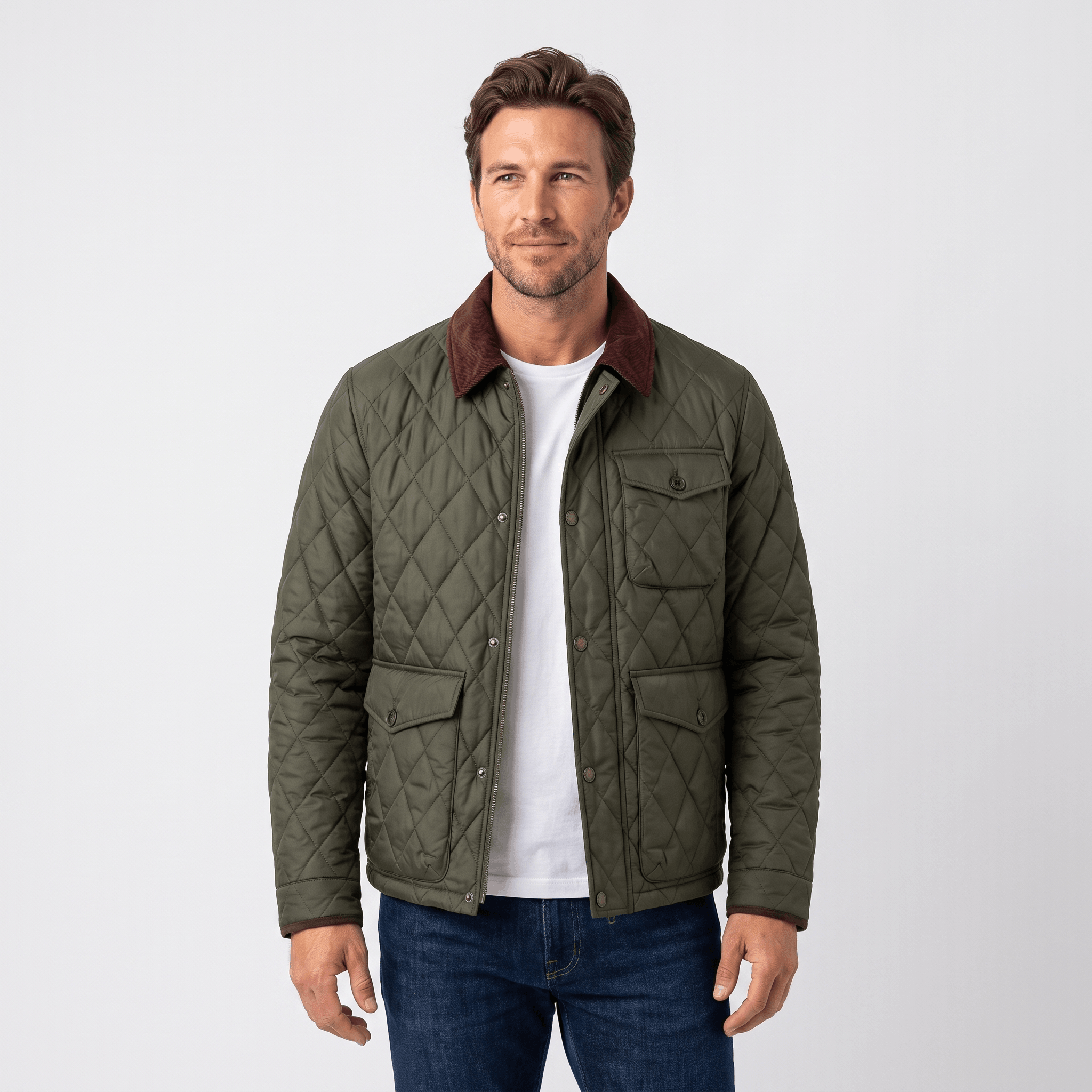 Victor Diamond-Quilted Jacket – Corduroy-Collar Zip-Up Insulated Outerwear