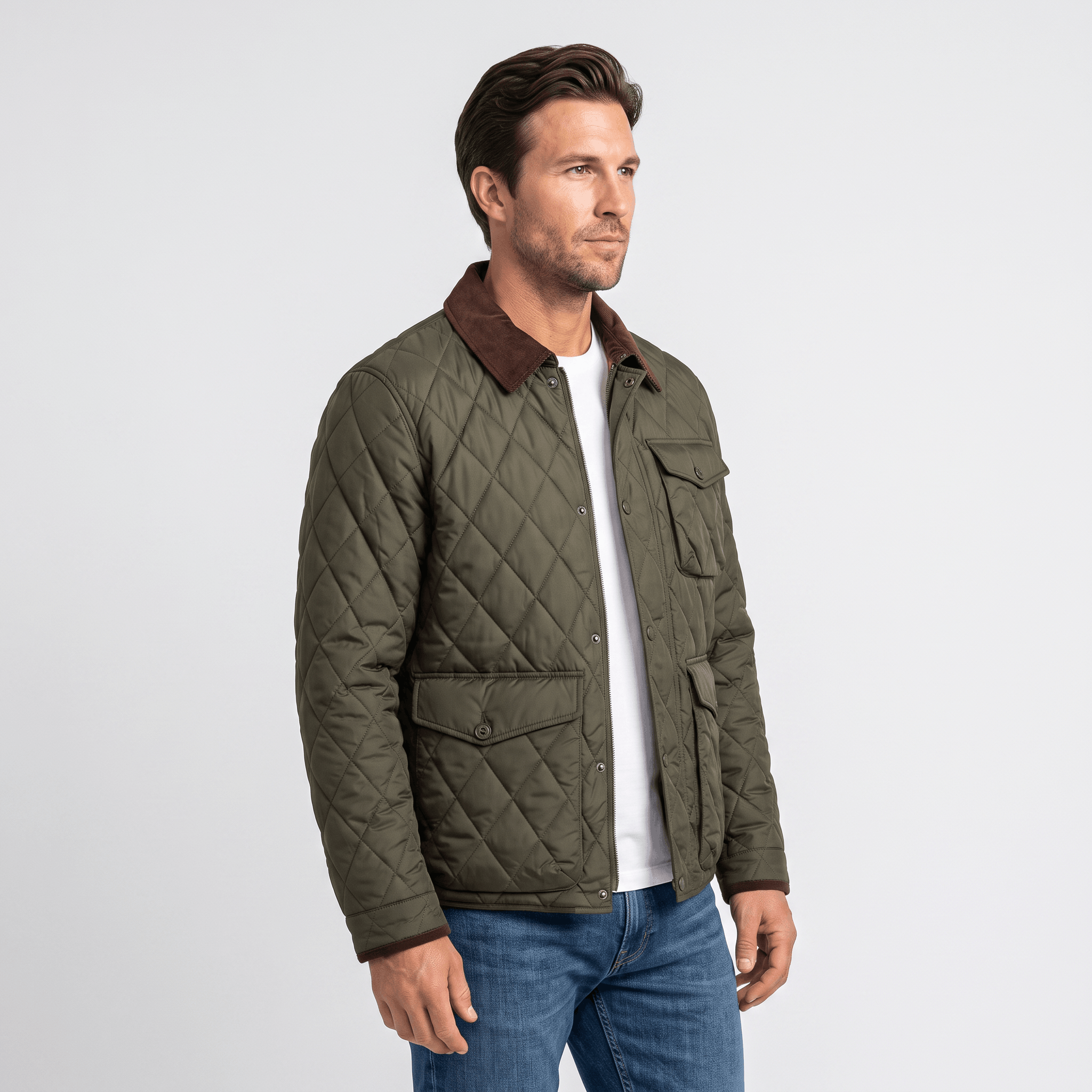 Victor Diamond-Quilted Jacket – Corduroy-Collar Zip-Up Insulated Outerwear