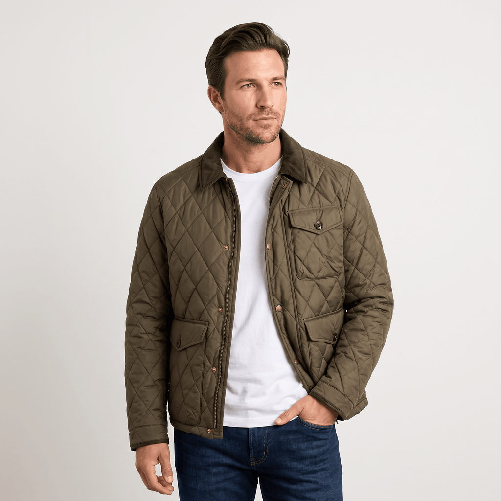 Victor Diamond-Quilted Jacket – Corduroy-Collar Zip-Up Insulated Outerwear