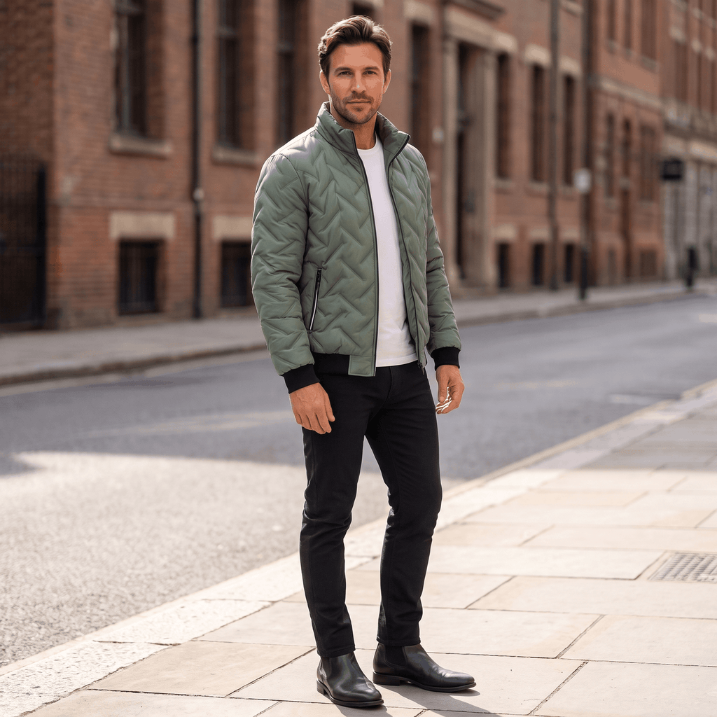 Cyrus Chevron-Quilted Bomber Jacket – Stand-Collar Zip-Up Insulated Outerwear