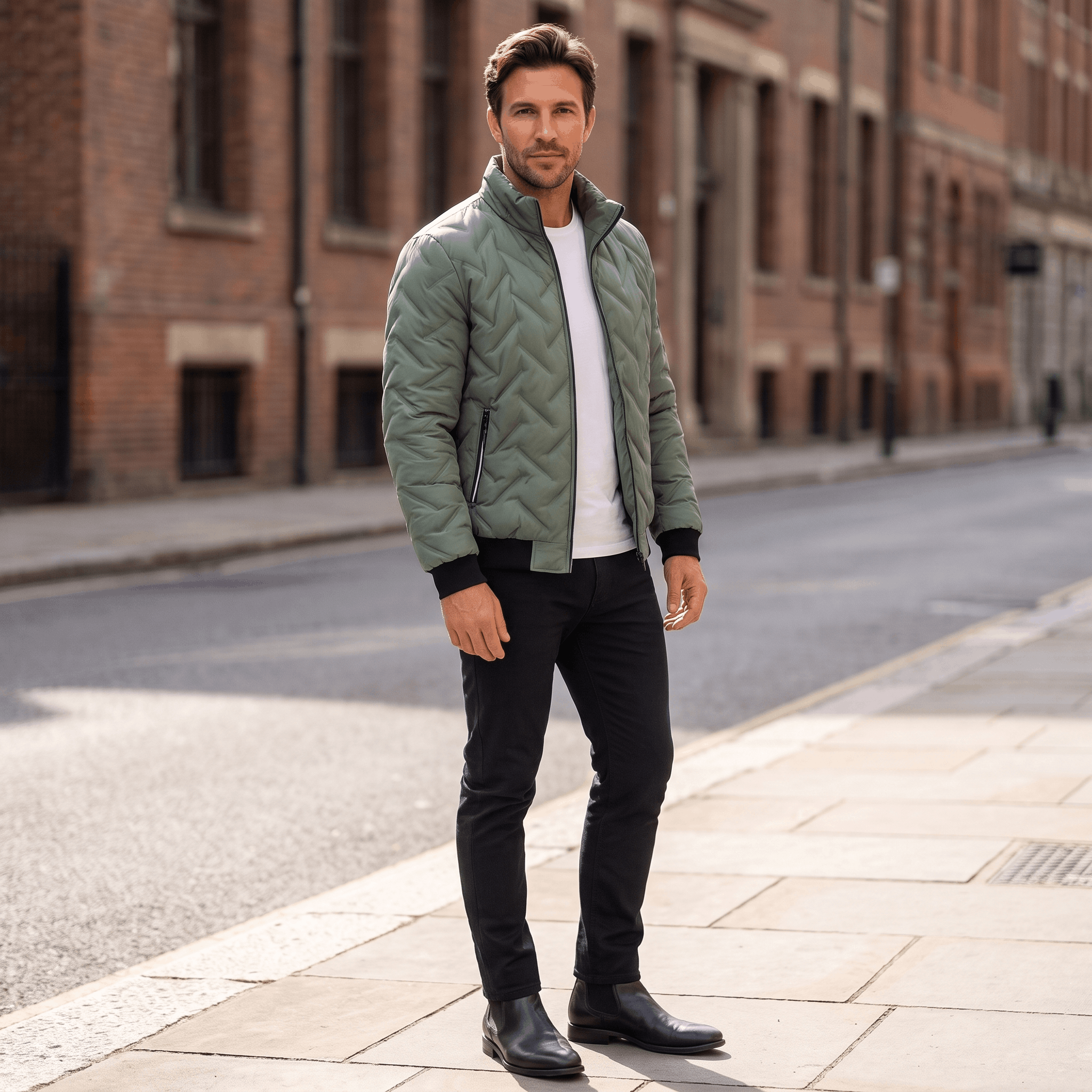 Cyrus Chevron-Quilted Bomber Jacket – Stand-Collar Zip-Up Insulated Outerwear