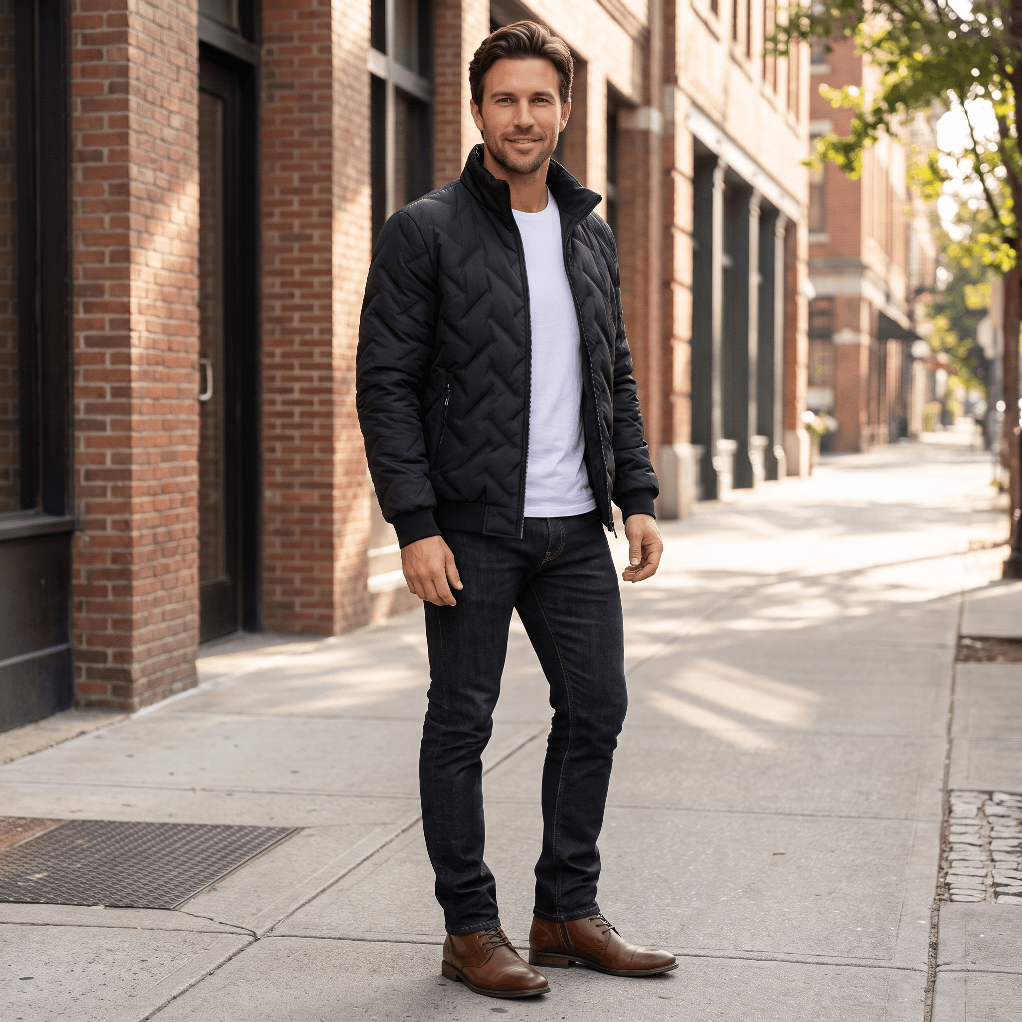 Cyrus Chevron-Quilted Bomber Jacket – Stand-Collar Zip-Up Insulated Outerwear