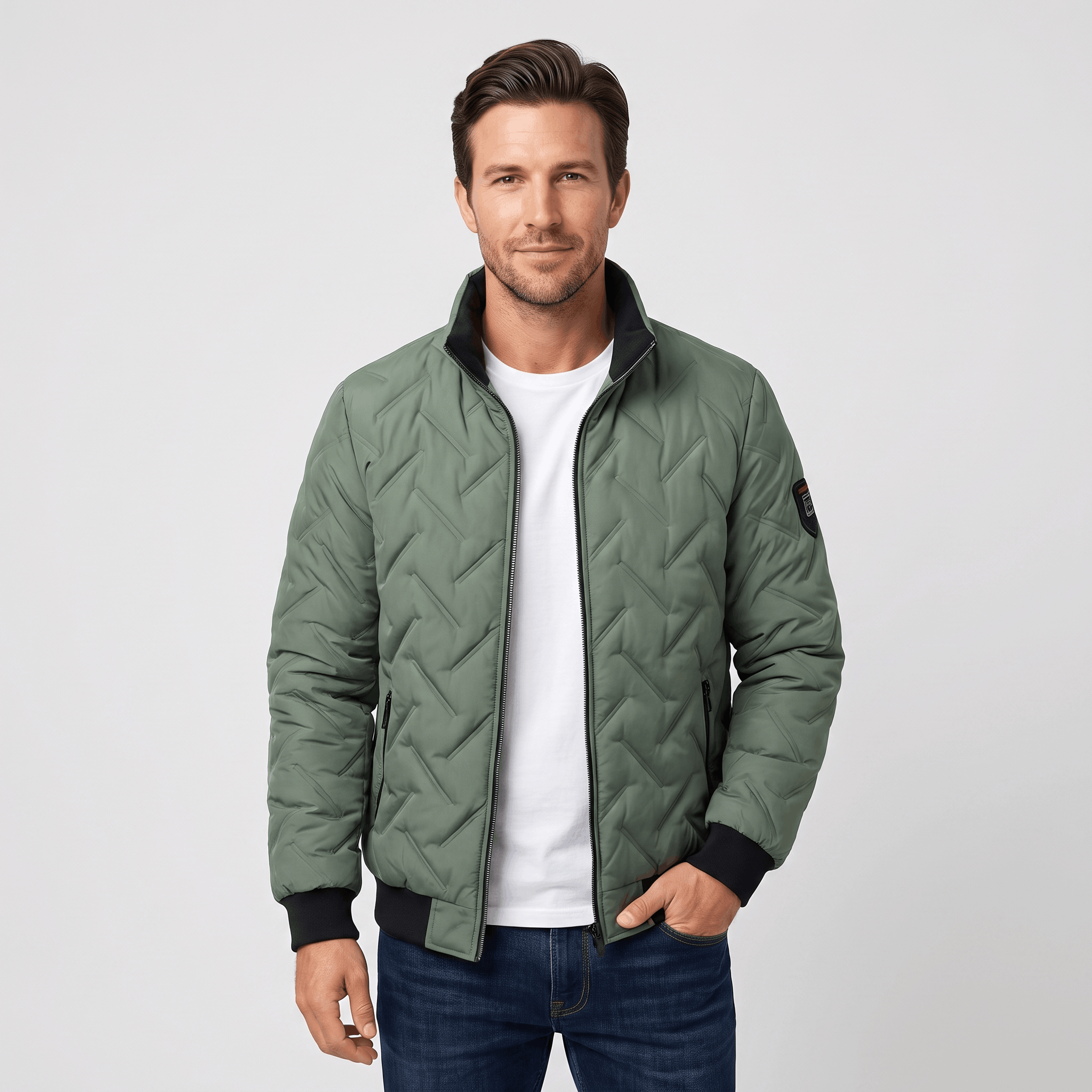 Cyrus Chevron-Quilted Bomber Jacket – Stand-Collar Zip-Up Insulated Outerwear