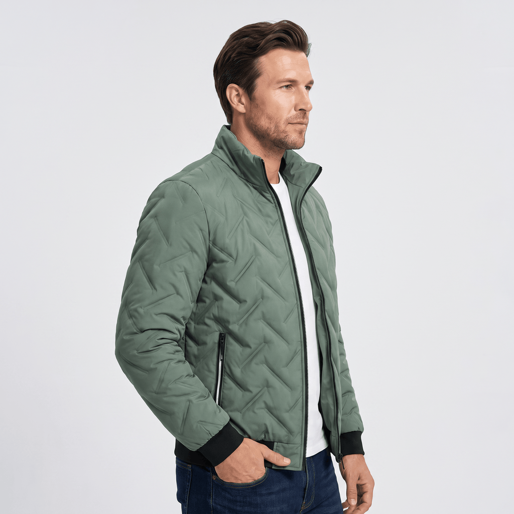 Cyrus Chevron-Quilted Bomber Jacket – Stand-Collar Zip-Up Insulated Outerwear