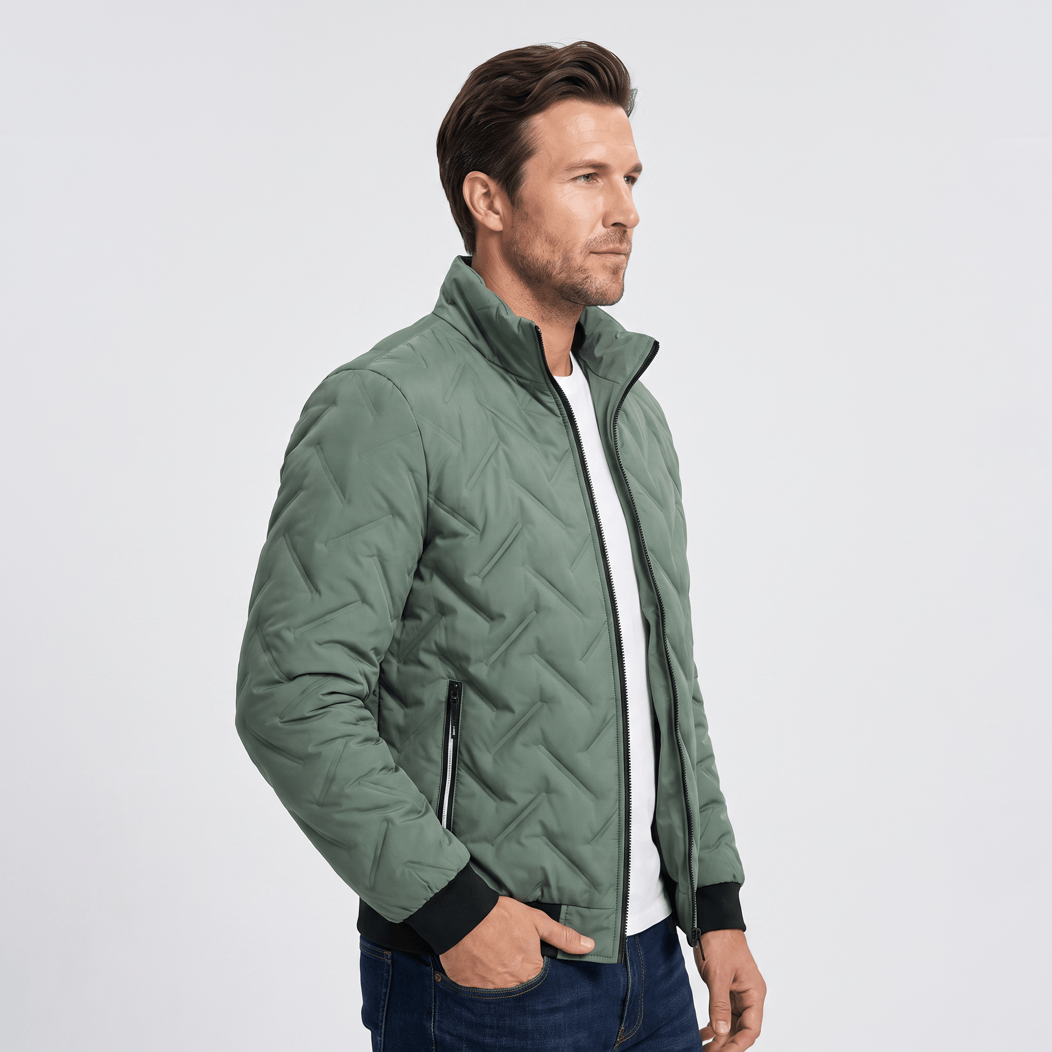 Cyrus Chevron-Quilted Bomber Jacket – Stand-Collar Zip-Up Insulated Outerwear