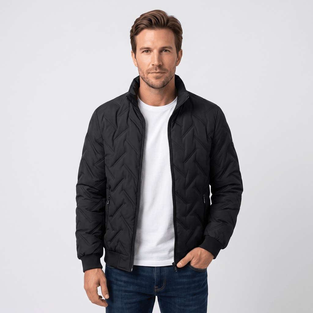 Cyrus Chevron-Quilted Bomber Jacket – Stand-Collar Zip-Up Insulated Outerwear
