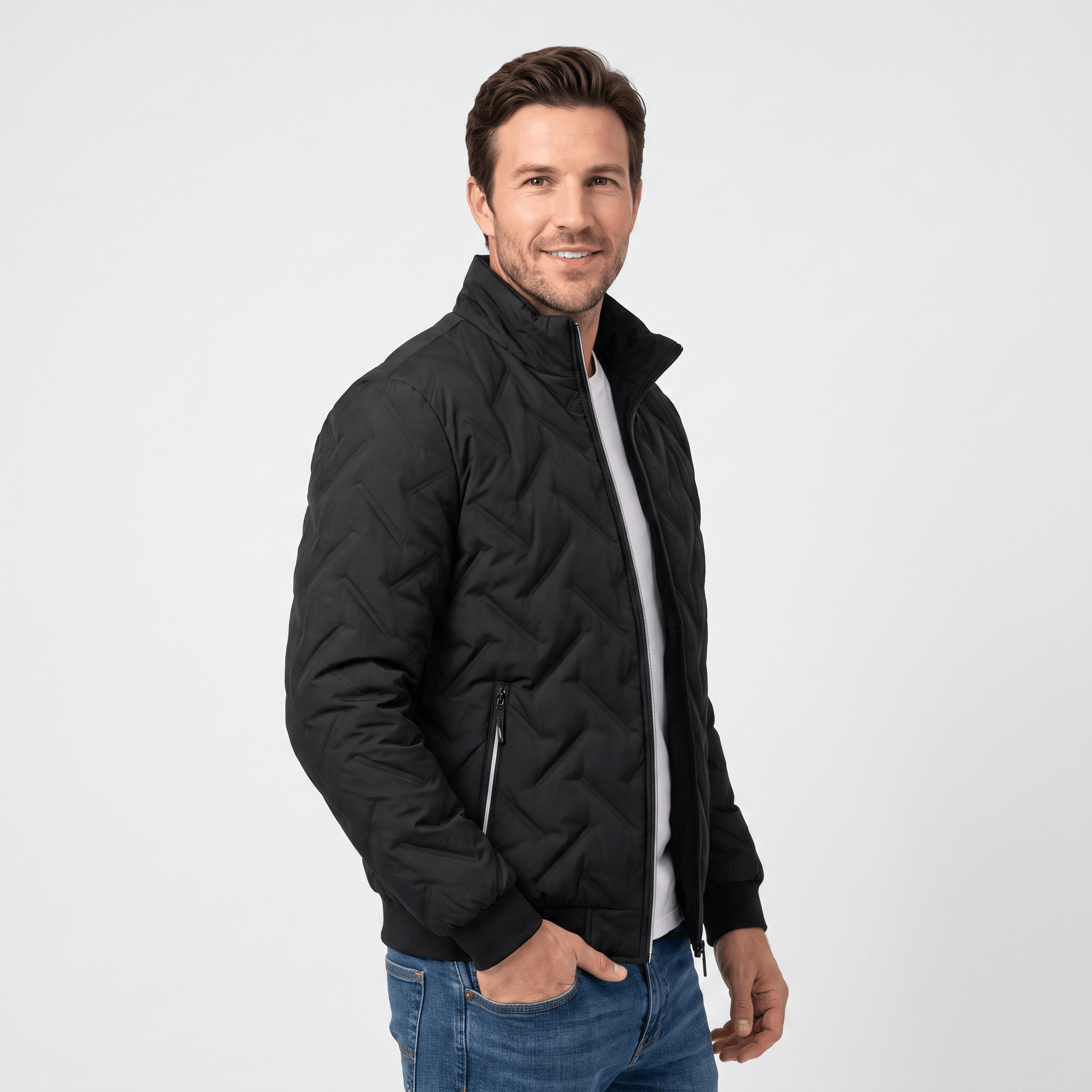 Cyrus Chevron-Quilted Bomber Jacket – Stand-Collar Zip-Up Insulated Outerwear