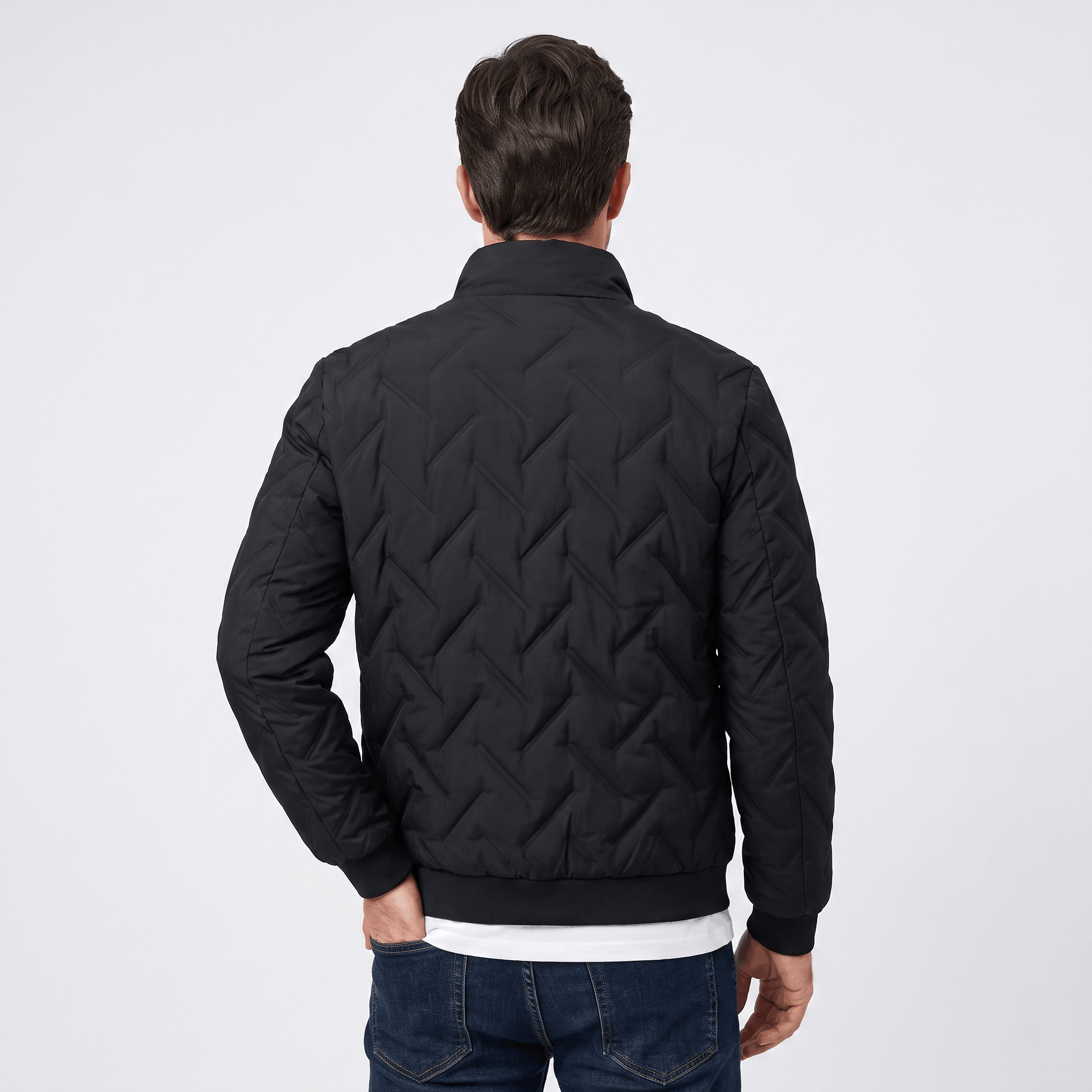 Cyrus Chevron-Quilted Bomber Jacket – Stand-Collar Zip-Up Insulated Outerwear