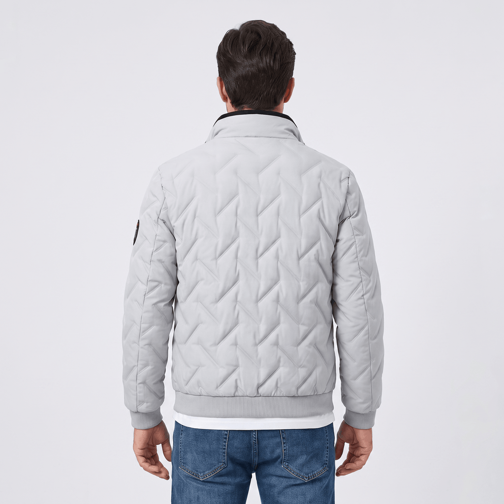 Cyrus Chevron-Quilted Bomber Jacket – Stand-Collar Zip-Up Insulated Outerwear