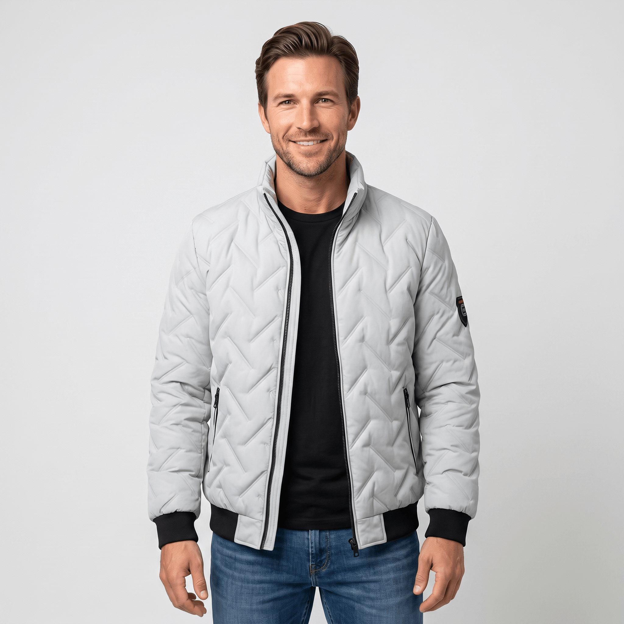 Cyrus Chevron-Quilted Bomber Jacket – Stand-Collar Zip-Up Insulated Outerwear