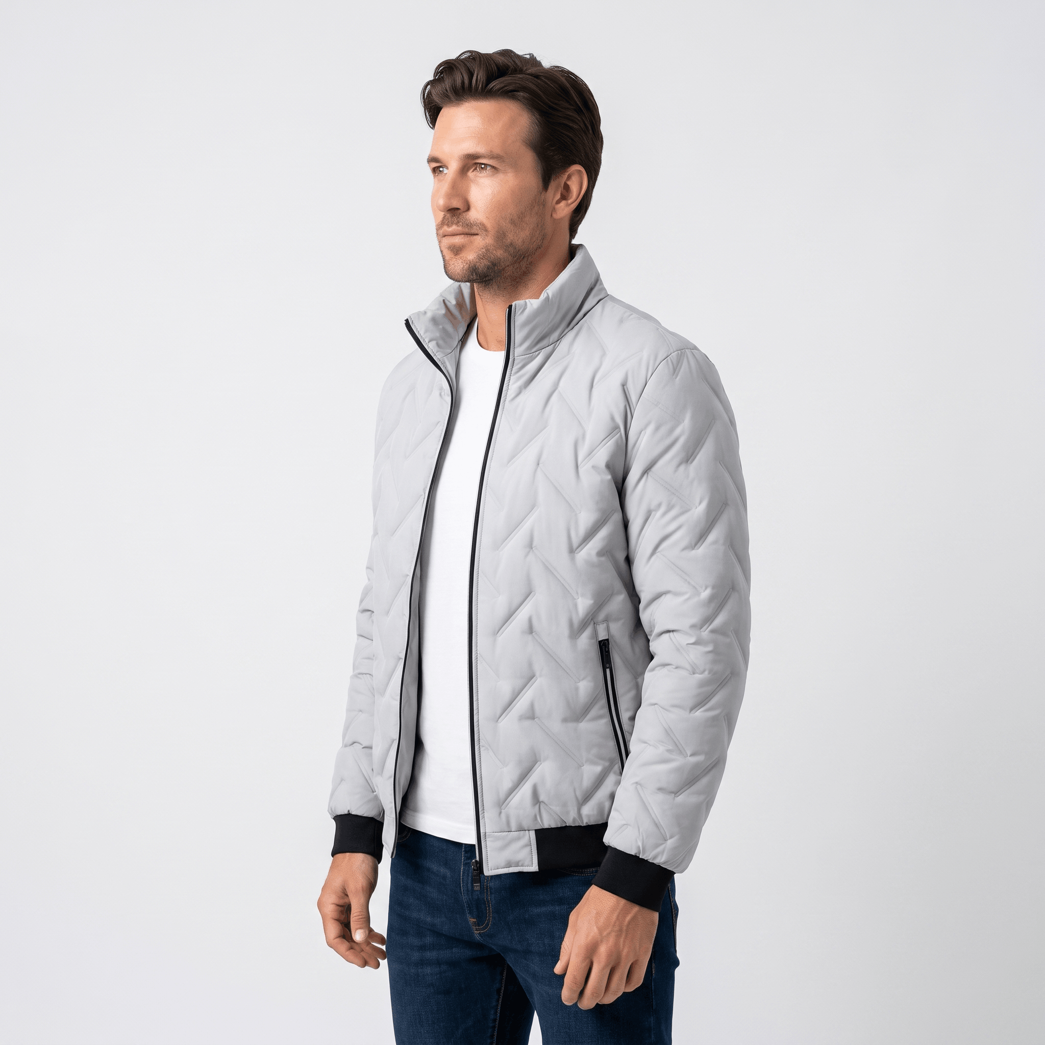 Cyrus Chevron-Quilted Bomber Jacket – Stand-Collar Zip-Up Insulated Outerwear