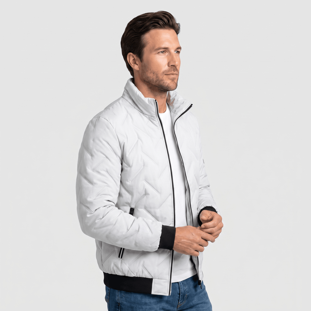 Cyrus Chevron-Quilted Bomber Jacket – Stand-Collar Zip-Up Insulated Outerwear