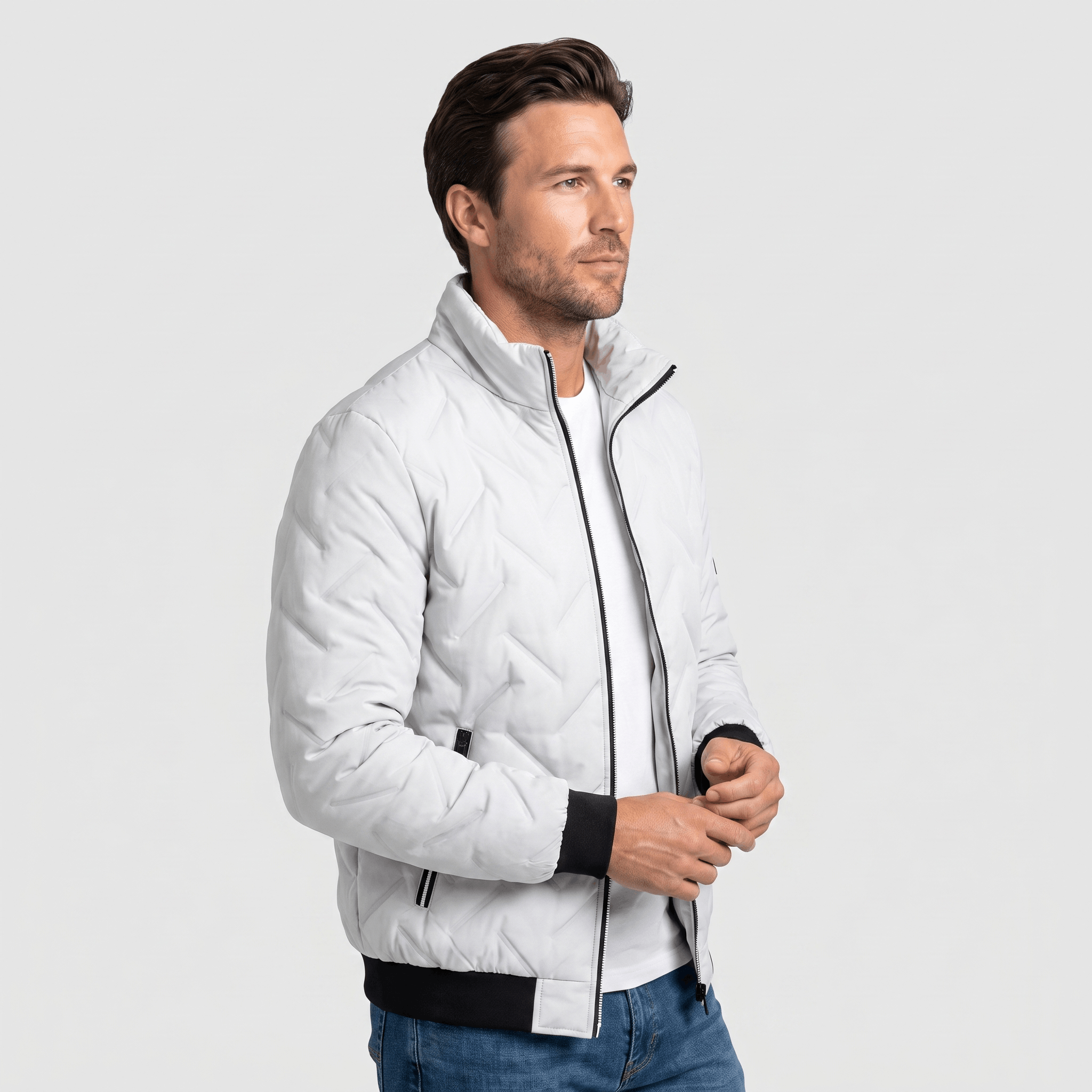 Cyrus Chevron-Quilted Bomber Jacket – Stand-Collar Zip-Up Insulated Outerwear
