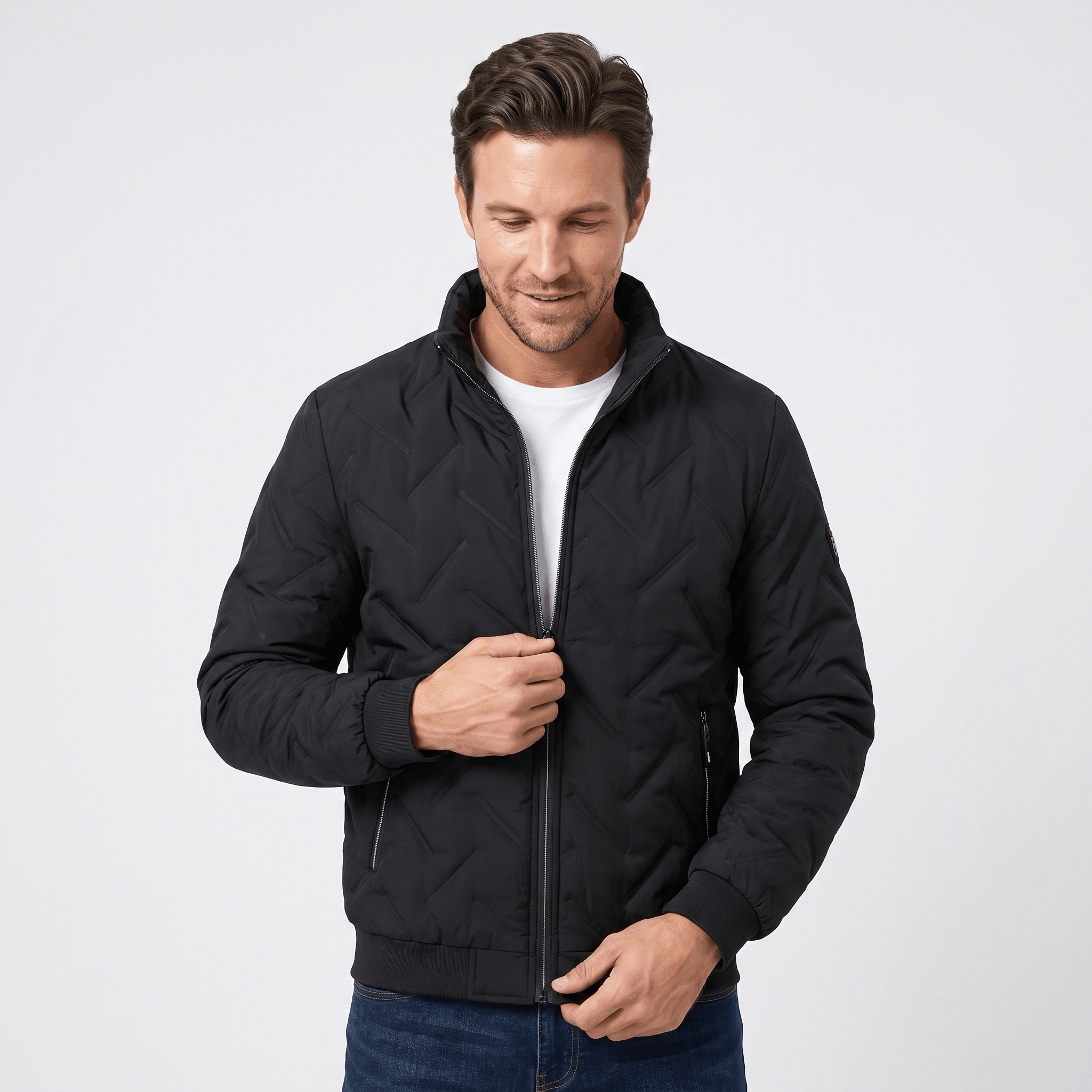 Cyrus Chevron-Quilted Bomber Jacket – Stand-Collar Zip-Up Insulated Outerwear