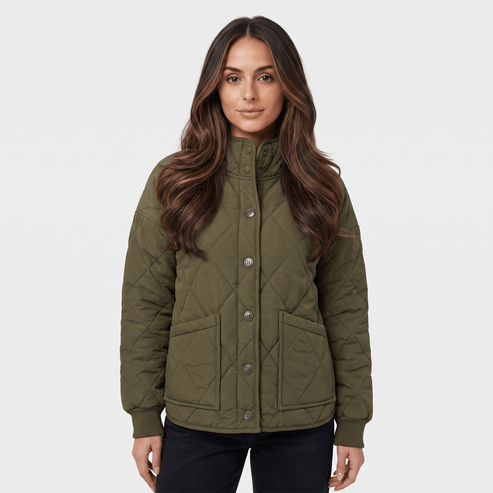 Valeria Diamond-Quilted Bomber Jacket – Button-Up Lightly-Padded Relaxed Outerwear